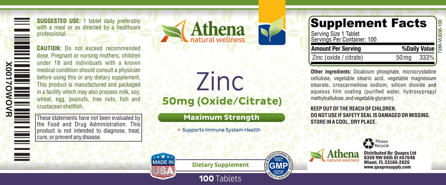 Athena Natural Wellness Zinc Supplement Tablets 50mg, 100 Count