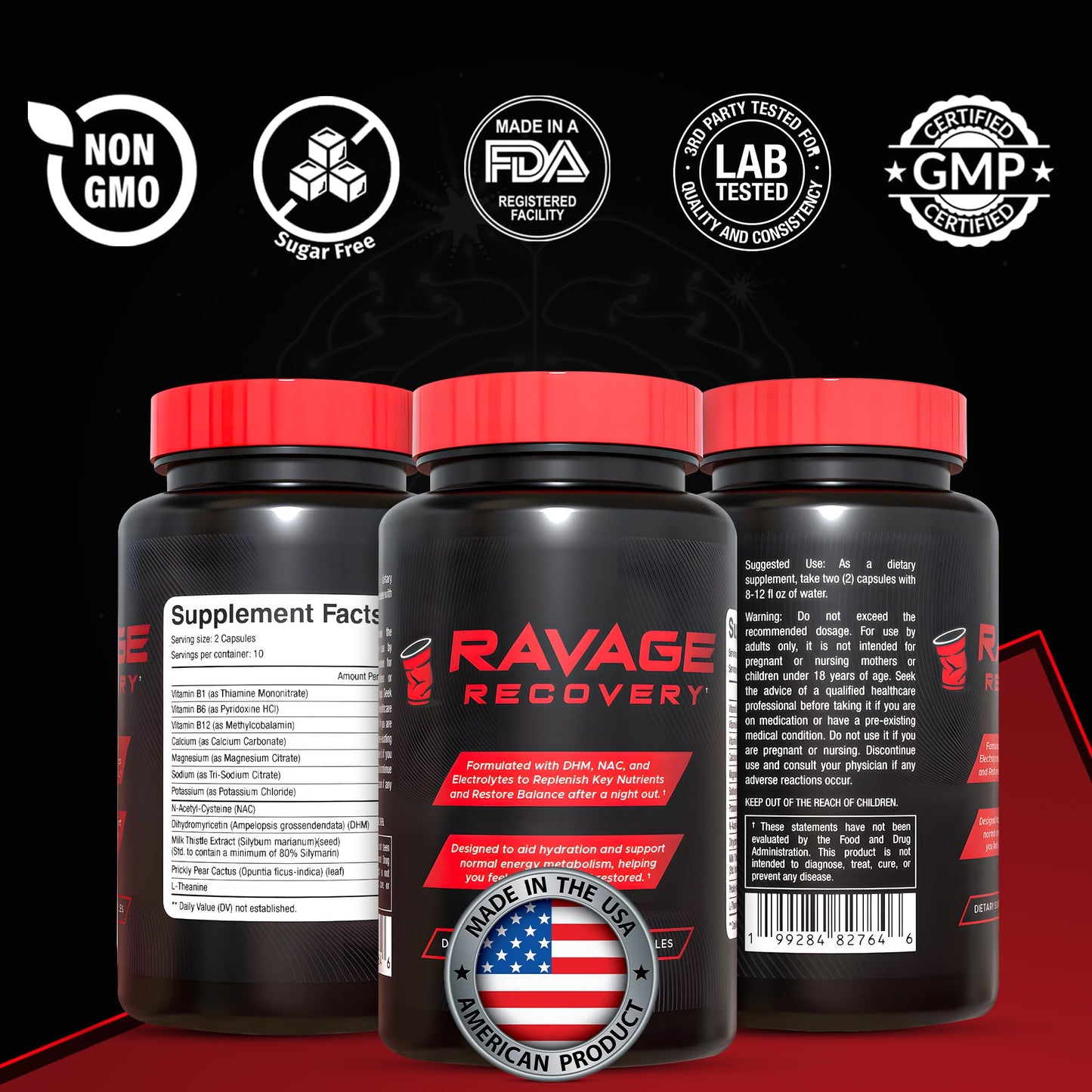 Ravage Recovery DHM Capsules with NAC, Milk Thistle & Prickly Pear – Electrolytes & B Vitamins for Hydration & After Night Out Wellness, 20 Capsules