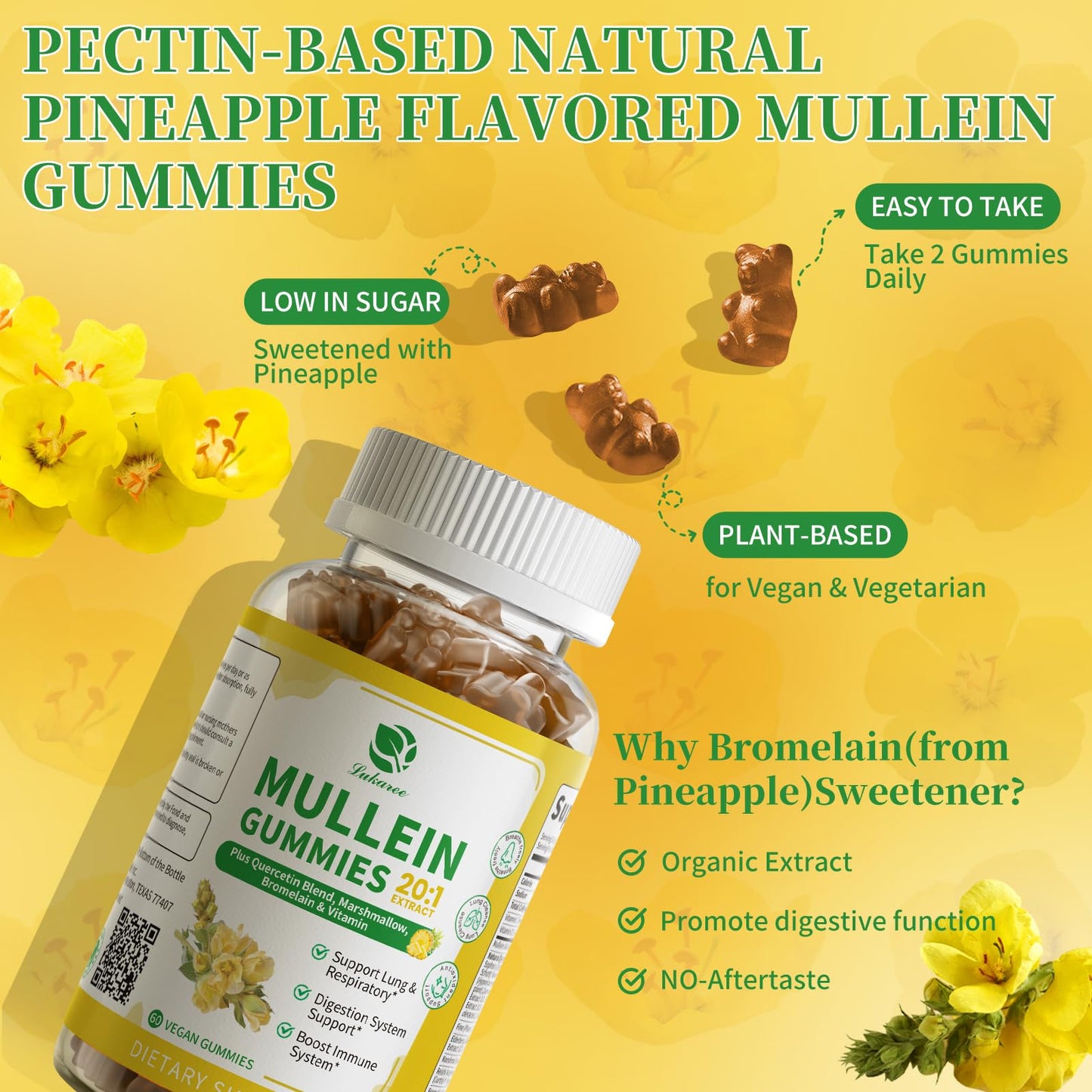 Lukaree Mullein Gummies for Lung Cleanse & Lymphatic Drainage, 120 Gummies