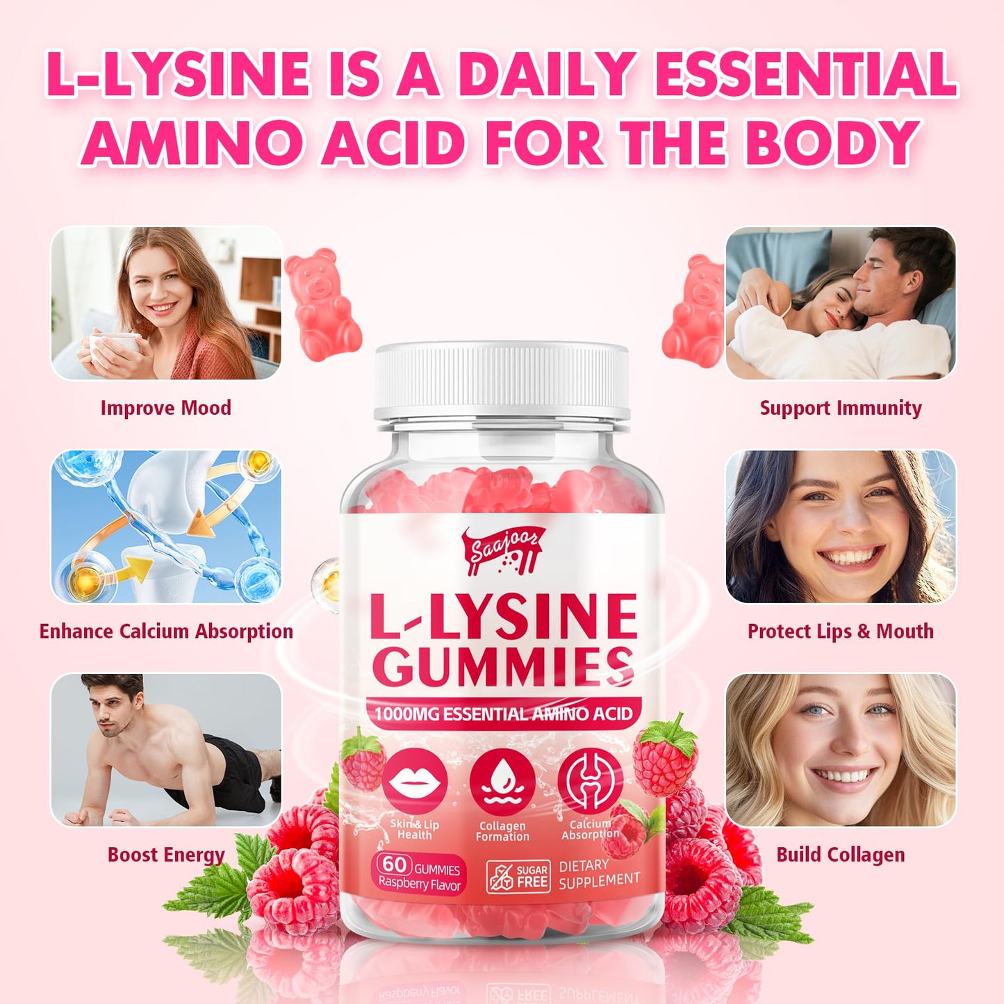 Saajoor L-Lysine 1000mg Gummies for Immune Support & Skin Health, Raspberry Flavor, Vegan, Gluten Free, 120 Gummies