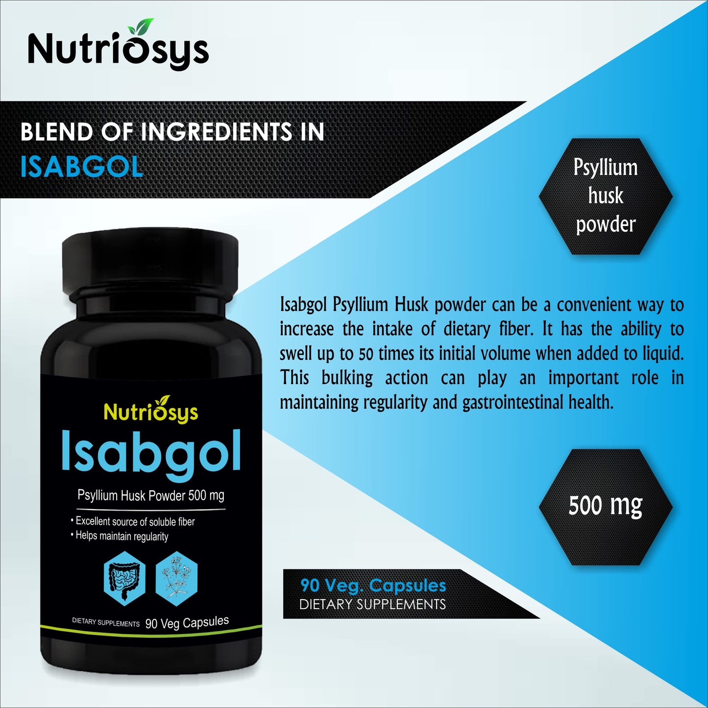 Nutriosys Isabgol Psyllium Husk 500mg Supplement, 90 Capsules