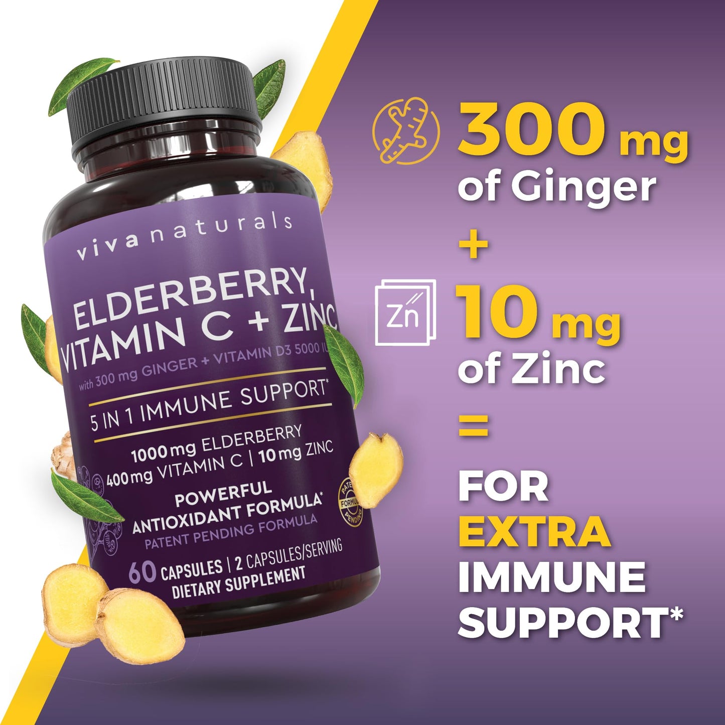 Viva Naturals Black Elderberry 1000mg with Vitamin C, D3 5000 IU & Zinc - 5-in-1 Immune Support Capsules, 60 Count