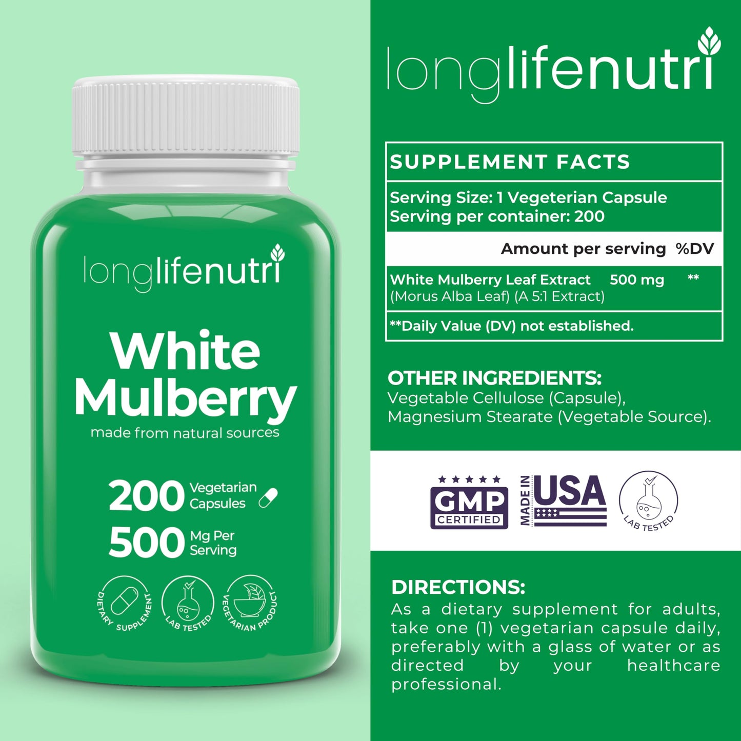 LongLifeNutri White Mulberry Leaf Extract 500mg Capsule, 200 Count