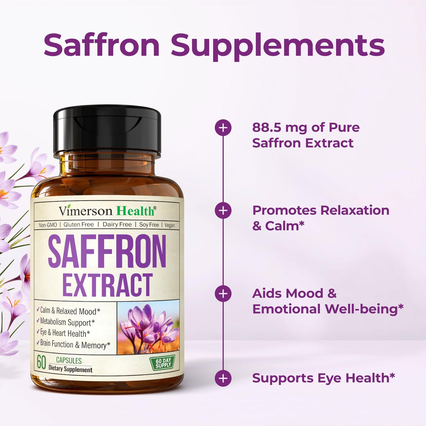 Vimerson Health Pure Saffron Supplements for Women & Men with 88.5mg Saffron Extract – Mood Support & Eye Health, Capsule, 60 Count