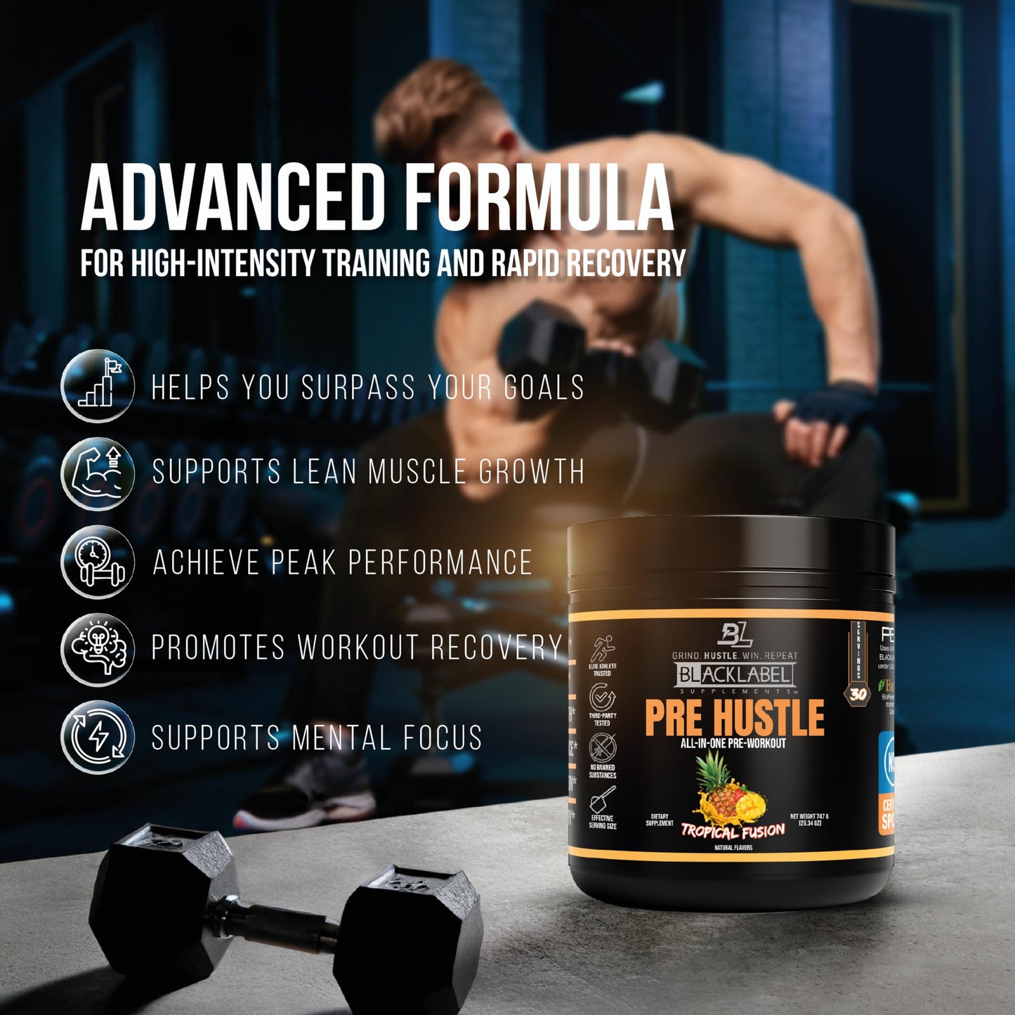 BLACKLABEL Supplements PRE Hustle V3 NSF Certified for Sport Pre-Workout Powder 26.24 oz