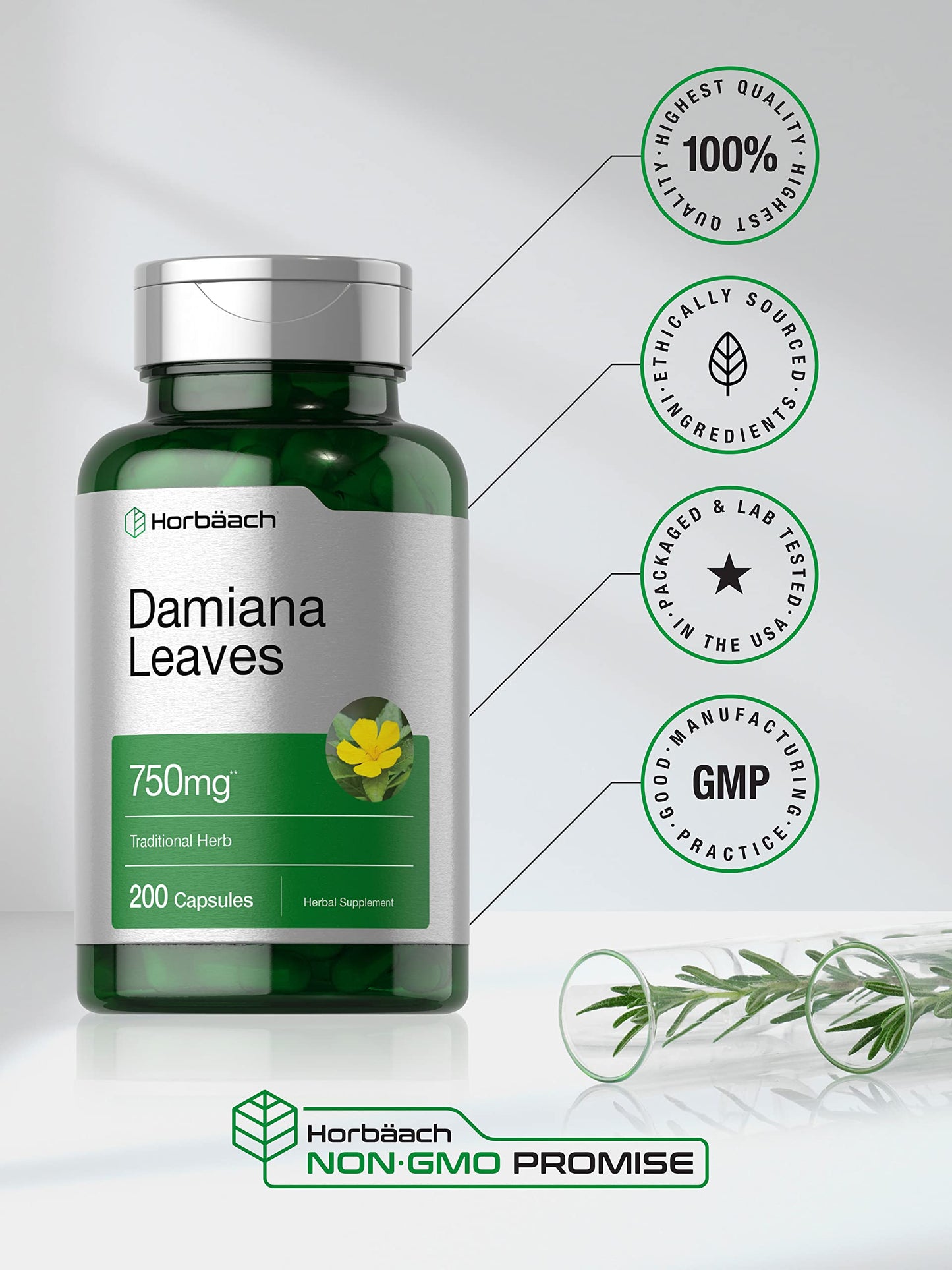 Horbäach Damiana Leaf Extract Capsules, 200 Capsules