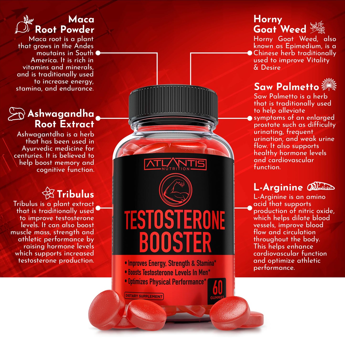Atlantis Nutrition Testosterone Booster Gummies, 120 Gummies