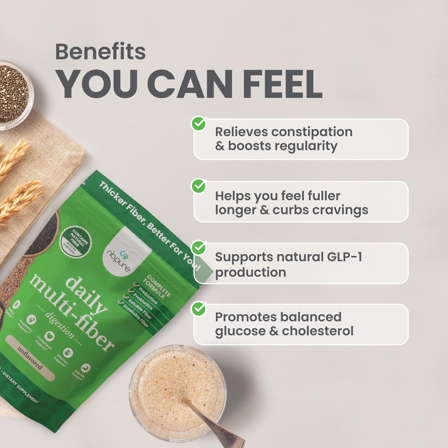 nbpure Daily Fiber Powder Blend for Digestive Health, Cholesterol Support, Healthy Weight Management - with Prebiotic, Insoluble, Soluble Fiber + 4 Probiotic Strains, Coconut Lime, Powder, 9.5 oz