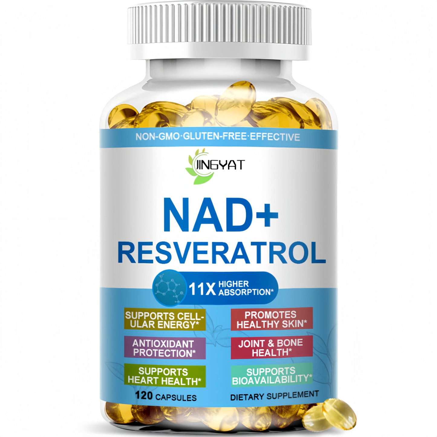 JINGYAT 11-in-1 NAD Supplement with Resveratrol, CoQ10, Quercetin, Collagen, Grape Seed for Cellular Energy, Mental Focus & Antioxidant Support Softgels 120