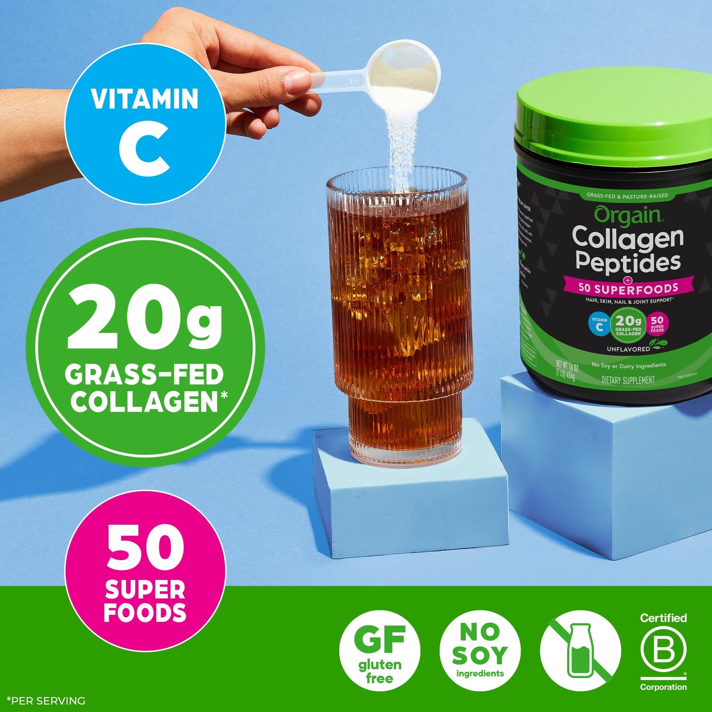 Orgain Hydrolyzed Collagen Powder + 50 Organic Superfoods for Women & Men, 20g Grass Fed Collagen with Vitamin C, Unflavored - Hair, Skin, Nail & Joint Support, Non-GMO, Type I & III, 16 Servings
