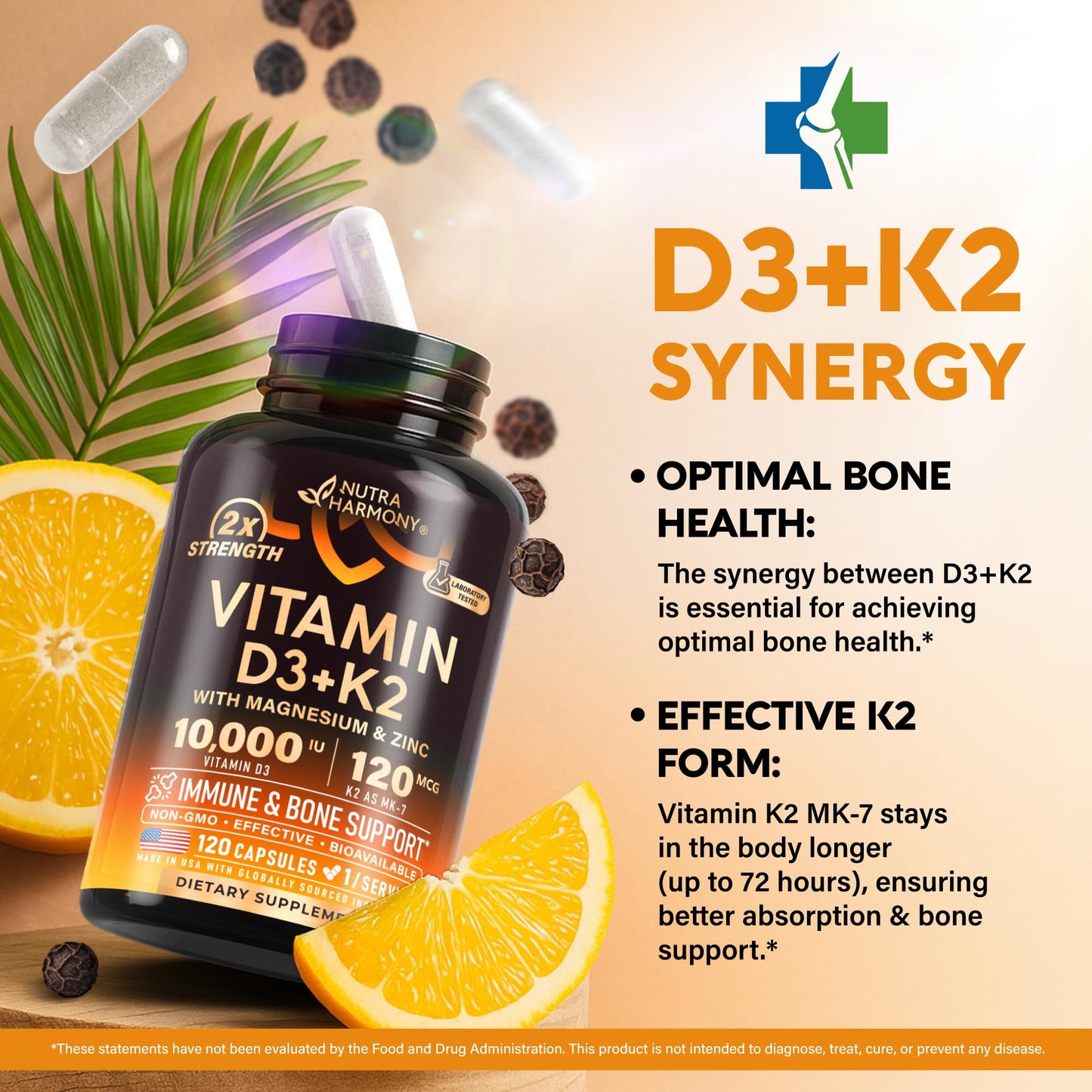 NutraHarmony Vitamin D3 K2 Capsules 10000 IU D3 & 120 mcg K2 MK-7, Immune & Mood Support, Gluten Free, 120 Count