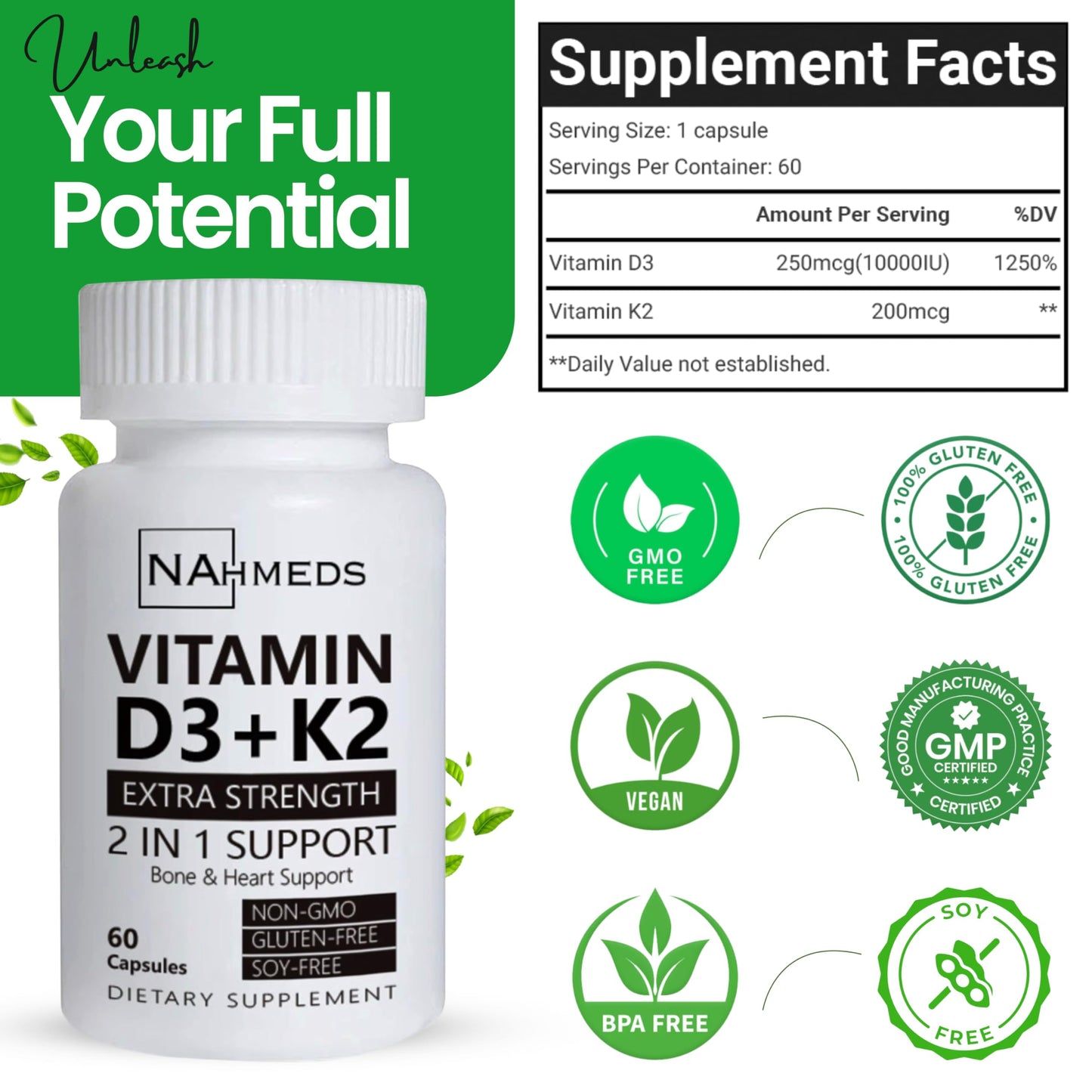NAhmeds Vitamin D3 + K2 Extra Strength Capsules, 60 Capsules
