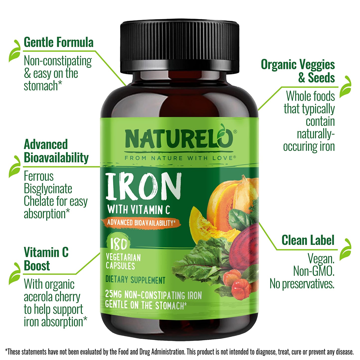 NATURELO Vegan Iron Supplement with Vitamin C and Organic Whole Foods - Capsules, 180 Count