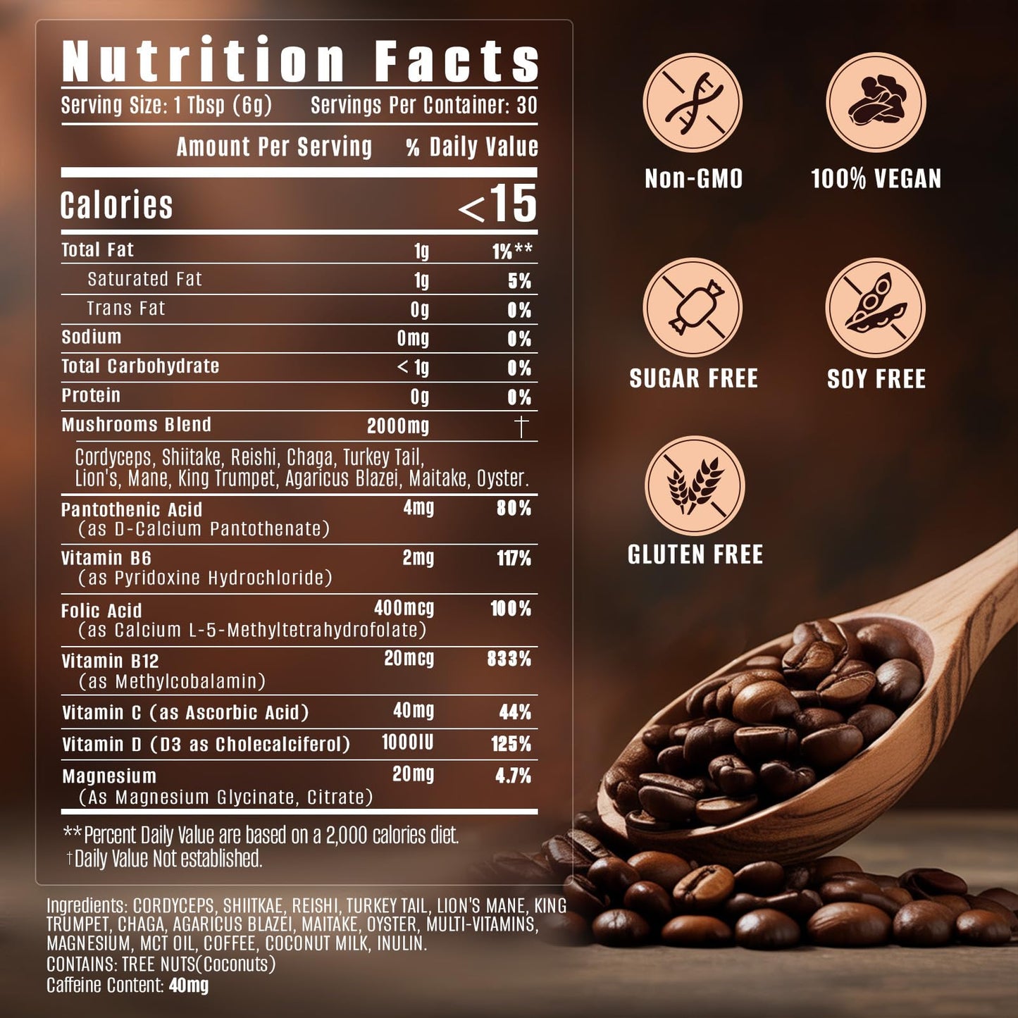 FORTISCA Mushrooms Coffee 10 in 1 (Lion's Mane, Cordyceps, Turkey Tail & Other) Ashwagandha Magnesium Multivitamins Mushroom Instant Coffee Powder 6.35 oz
