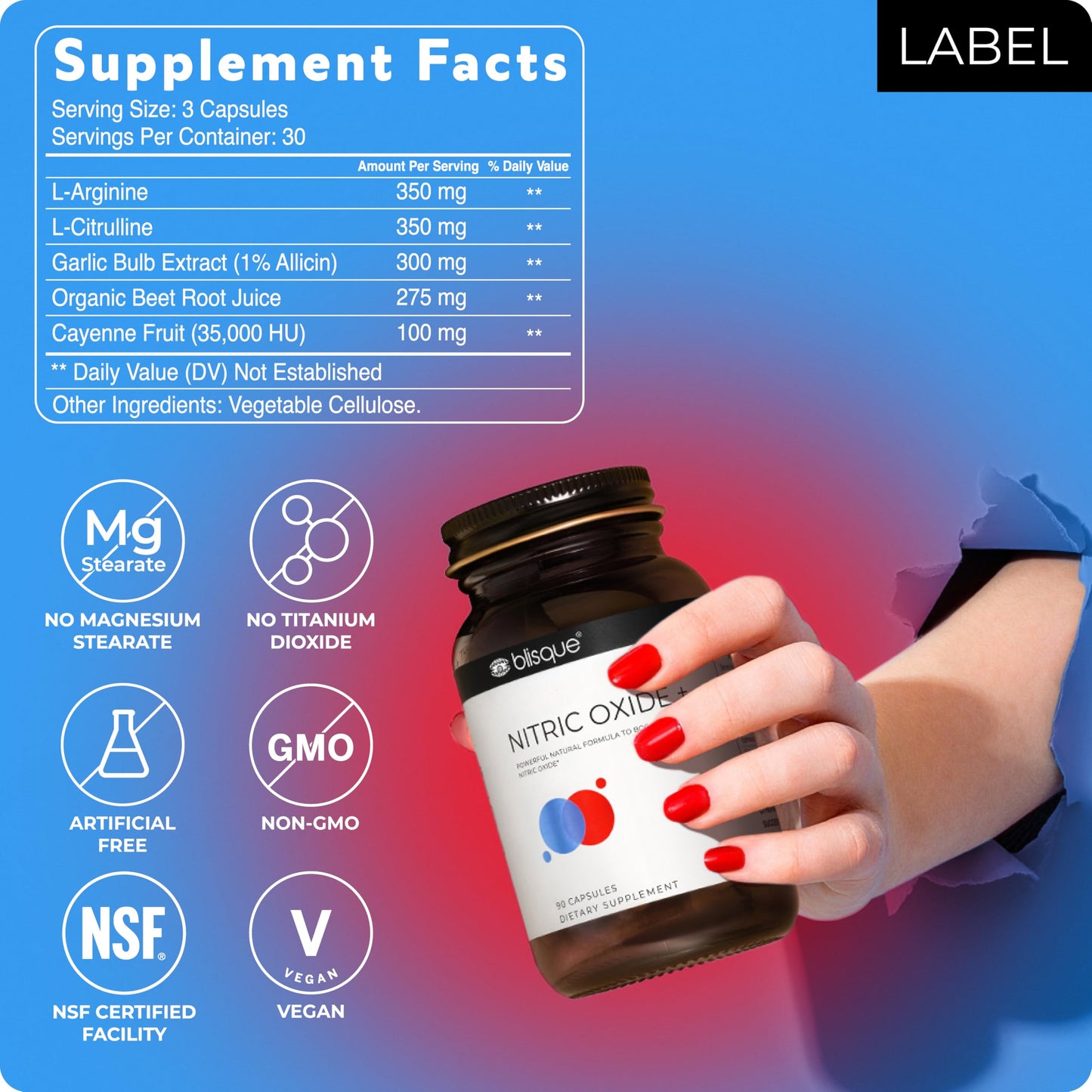 Blisque Natural Nitric Oxide Booster Supplement Capsules, 90 Count