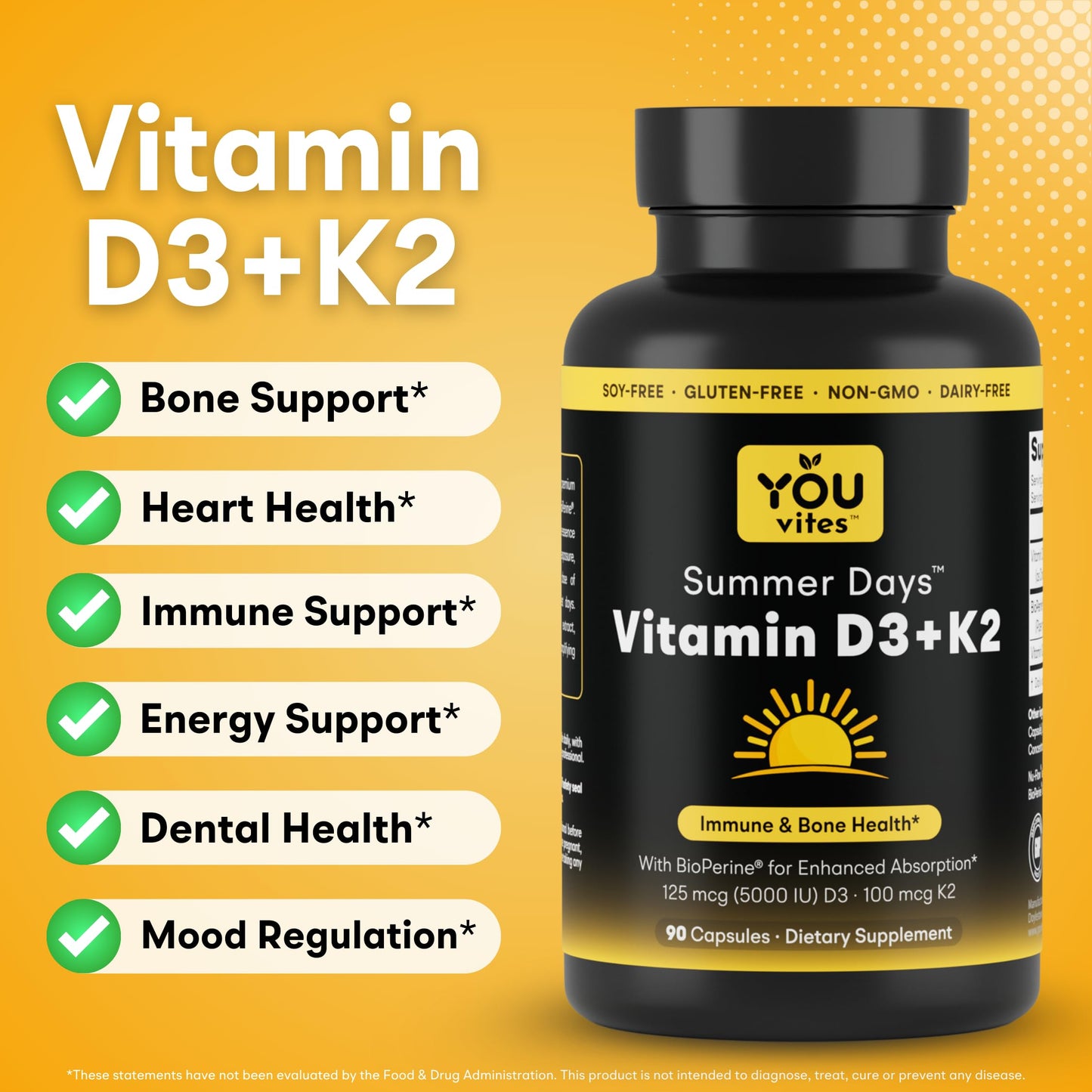 You Vites Vitamin D3 + K2 Max Absorption 5000 IU D3 & 100 mcg K2 MK-7 with BioPerine, 90 Capsules