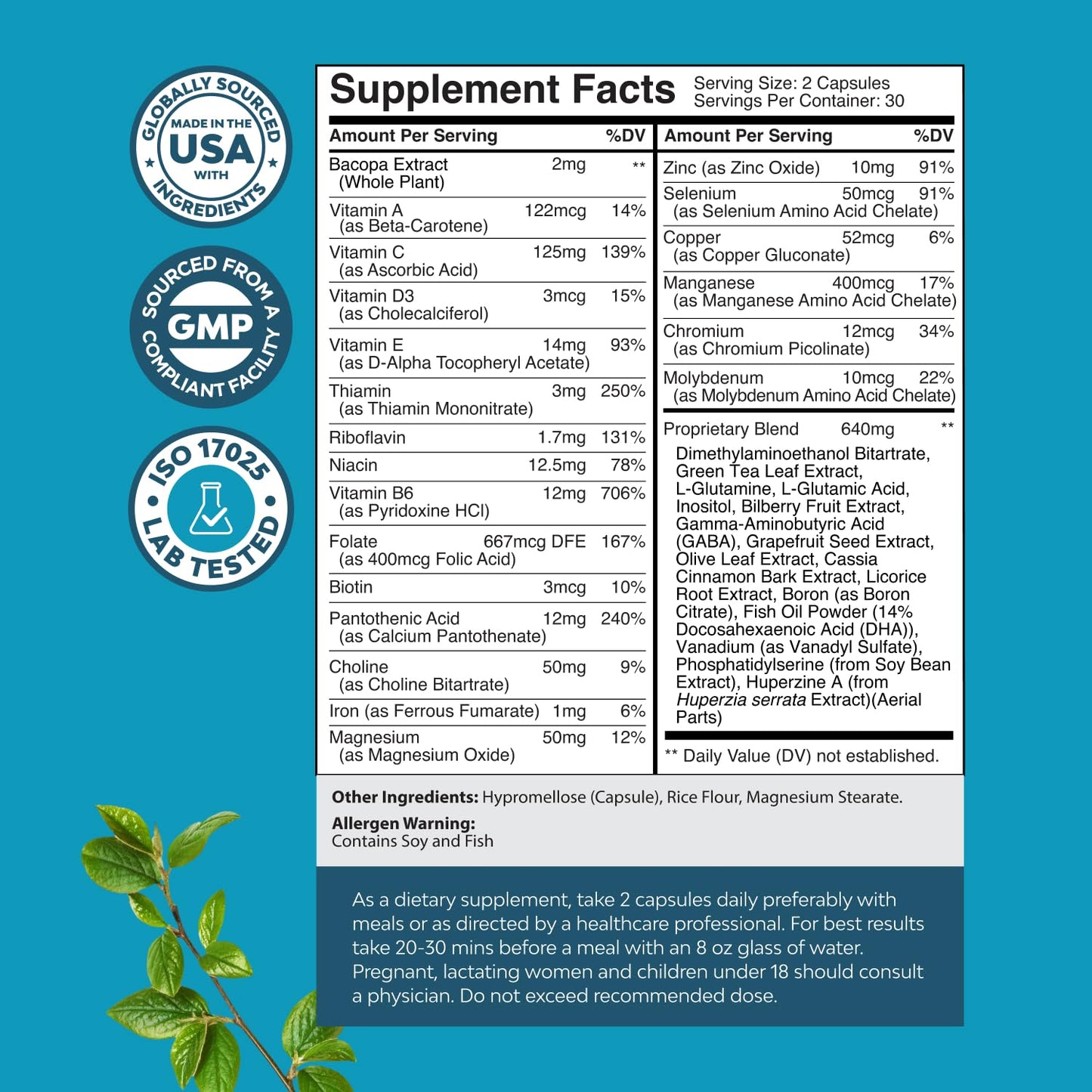 Natures Craft Nootropic Brain Supplement for Memory and Focus Support Capsule, 60 Count