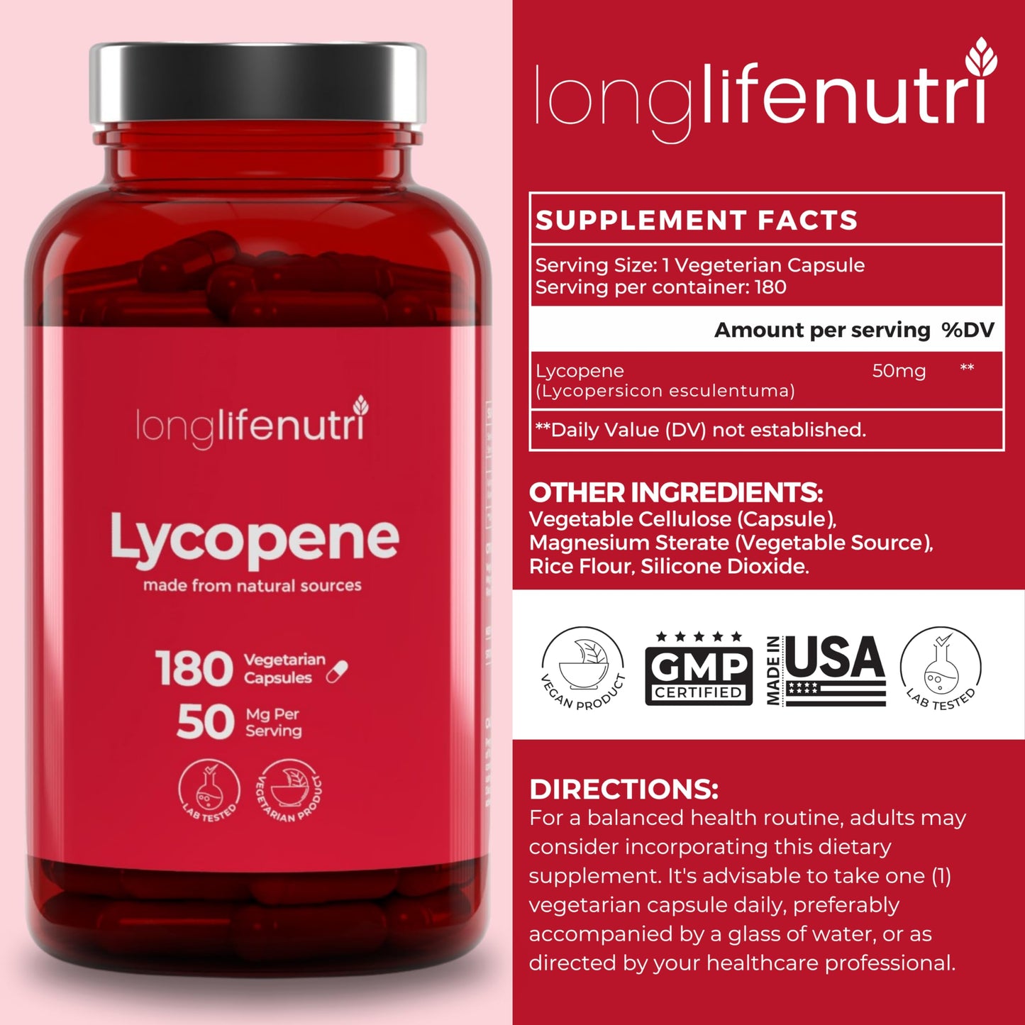 LongLifeNutri Lycopene 50 mg + Rhodiola Rosea 1000 mg Bundle Vegetarian Capsules, 360 Capsules