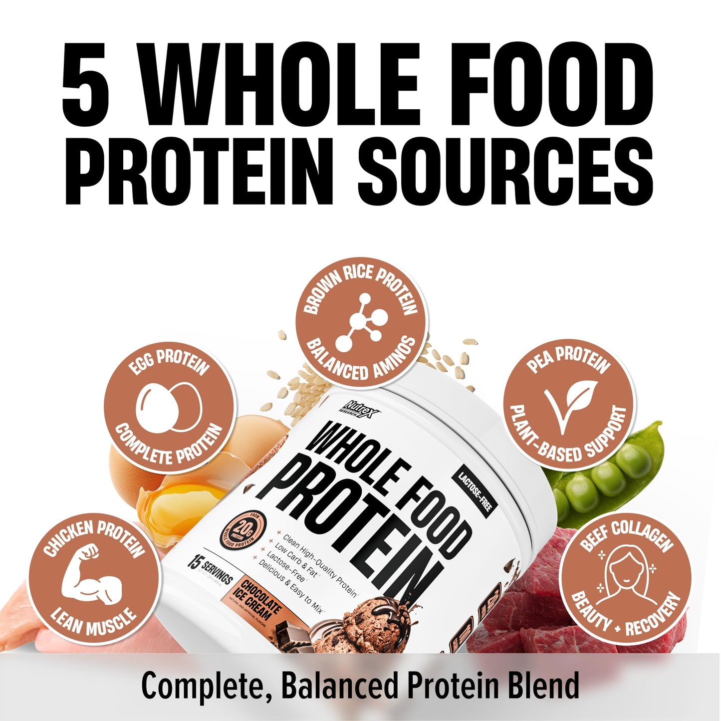Nutrex Research Whole Food Protein Powder, Chocolate Ice Cream, 16 Servings