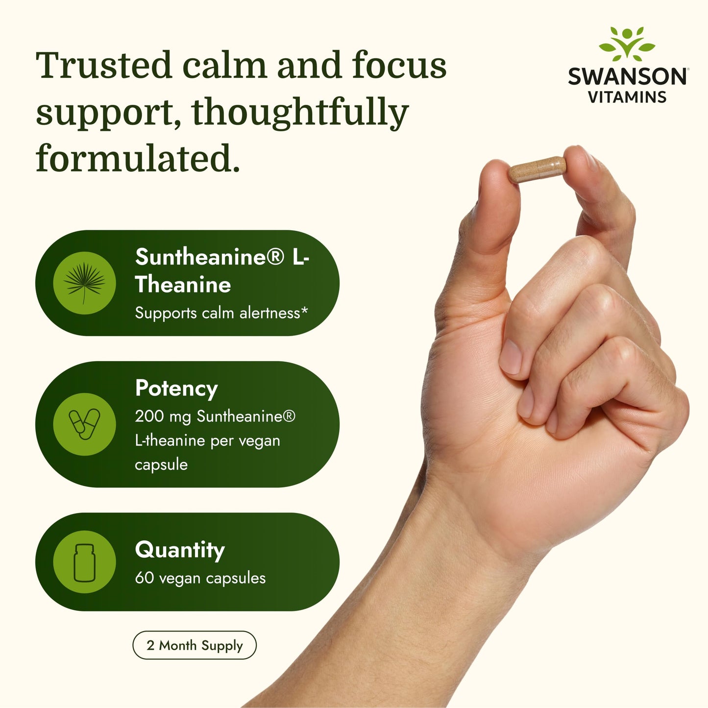 Swanson Suntheanine L-Theanine Calm and Focus Supplement for Stress-Prone Professionals Seeking Balanced Wellbeing, 200 mg, 60 Veggie Capsules