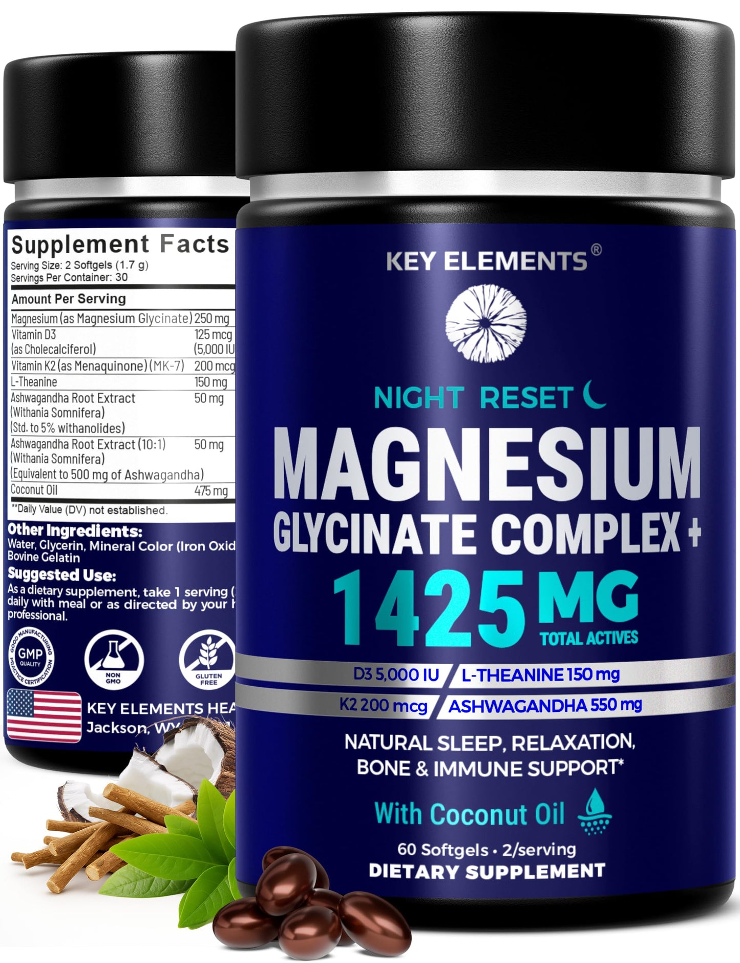 KEY ELEMENTS Magnesium Glycinate Complex 1425mg with Vitamin D3 5000 IU & K2 MK-7 200mcg Chelated Magnesium Supplement with Ashwagandha & L-Theanine Softgel, 60 Count