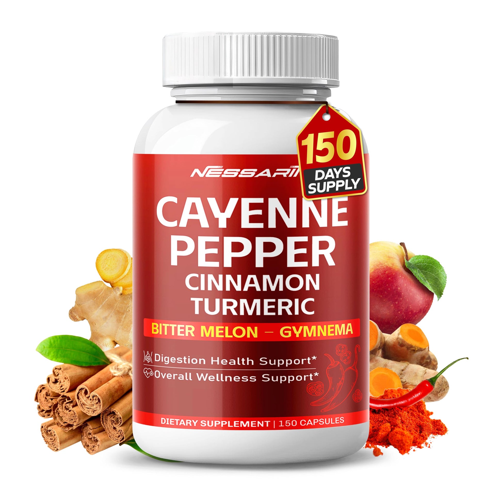 NESSARIT Cayenne Pepper Capsules with Cinnamon, Turmeric, Ginger Root, Apple Cider Vinegar, Odorless Garlic & Black Pepper, 150 Count