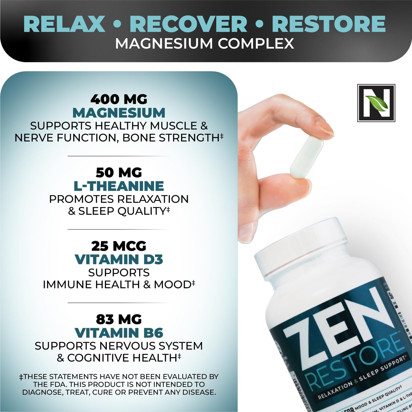 Nutrology Zen Restore 400mg Magnesium Malate, Vitamin D3 & L-Theanine, Supports Sleep, Muscle Recovery & Adrenal Wellness, Magnesium Supplement for Men and Women, Capsule, 180