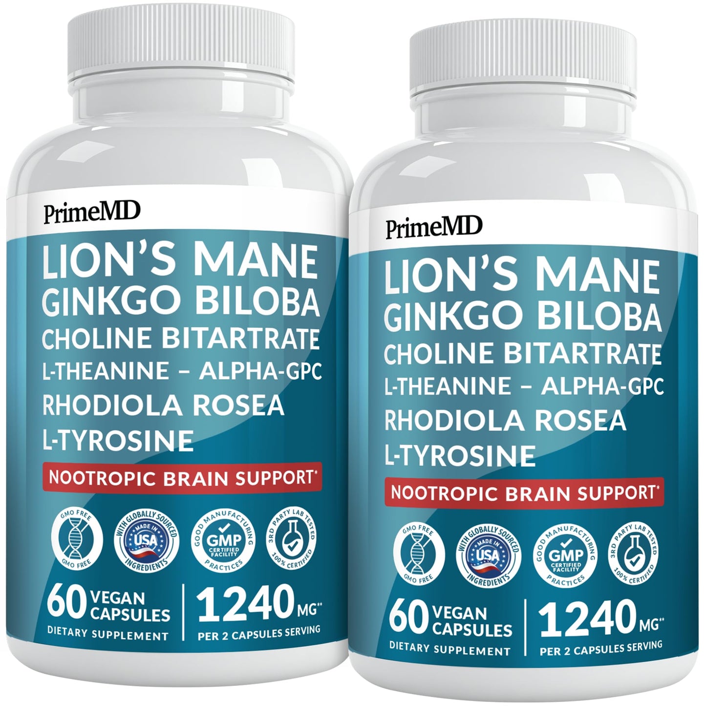 PrimeMD 14-in-1 Lions Mane Capsules Nootropic with Ginkgo Biloba, Alpha GPC, L Theanine & Choline, 1300mg Per Serving, 120 Capsules