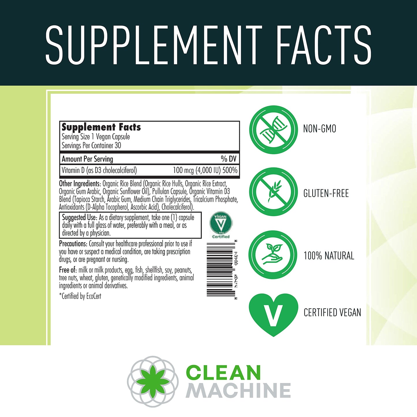 CLEAN MACHINE Vitamin D3 4000 IU Capsule, 30 Capsules