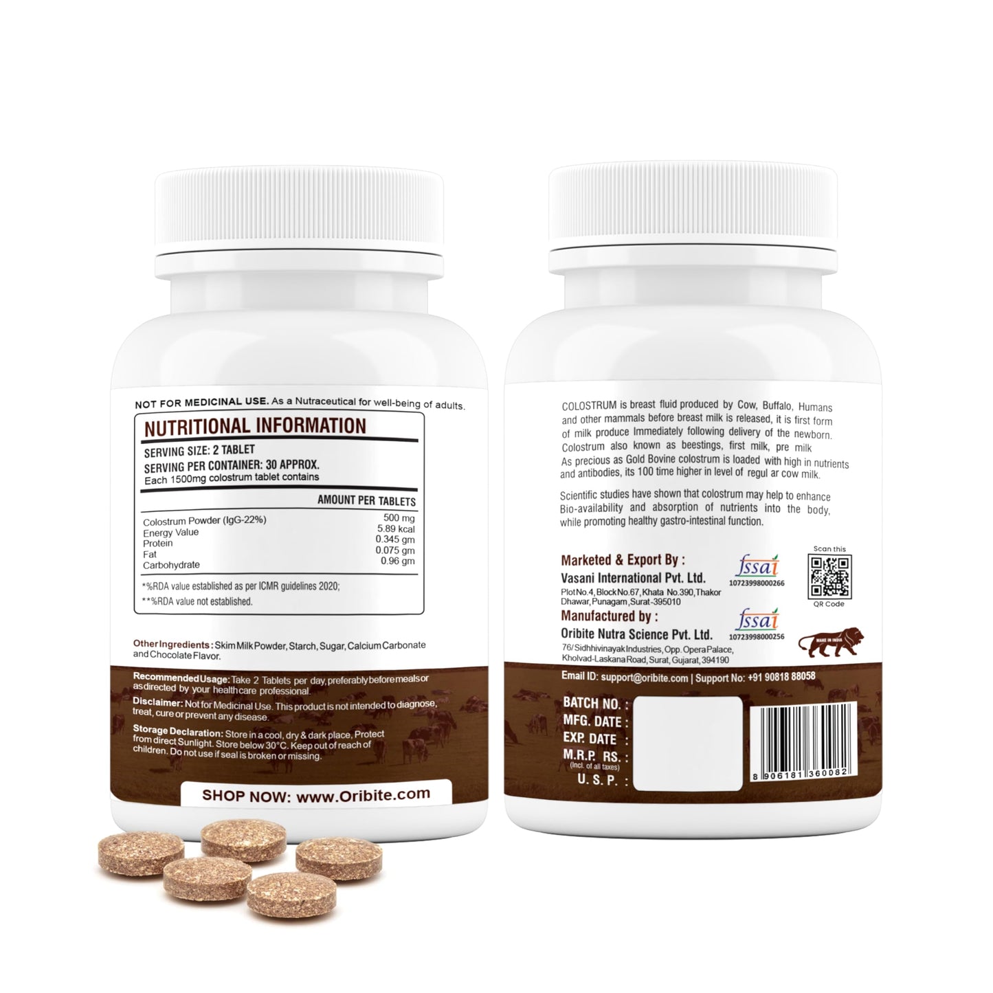ORIBITE Grass Fed Cow Colostrum 1000mg Chewable Tablets 60 Count