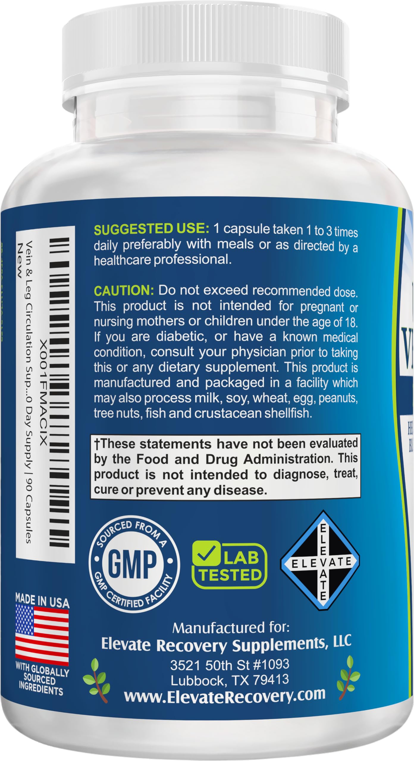 Elevate Recovery Supplements Leg + Vein Circulation Supplement 8-in-1 Formula Capsules 90 Count