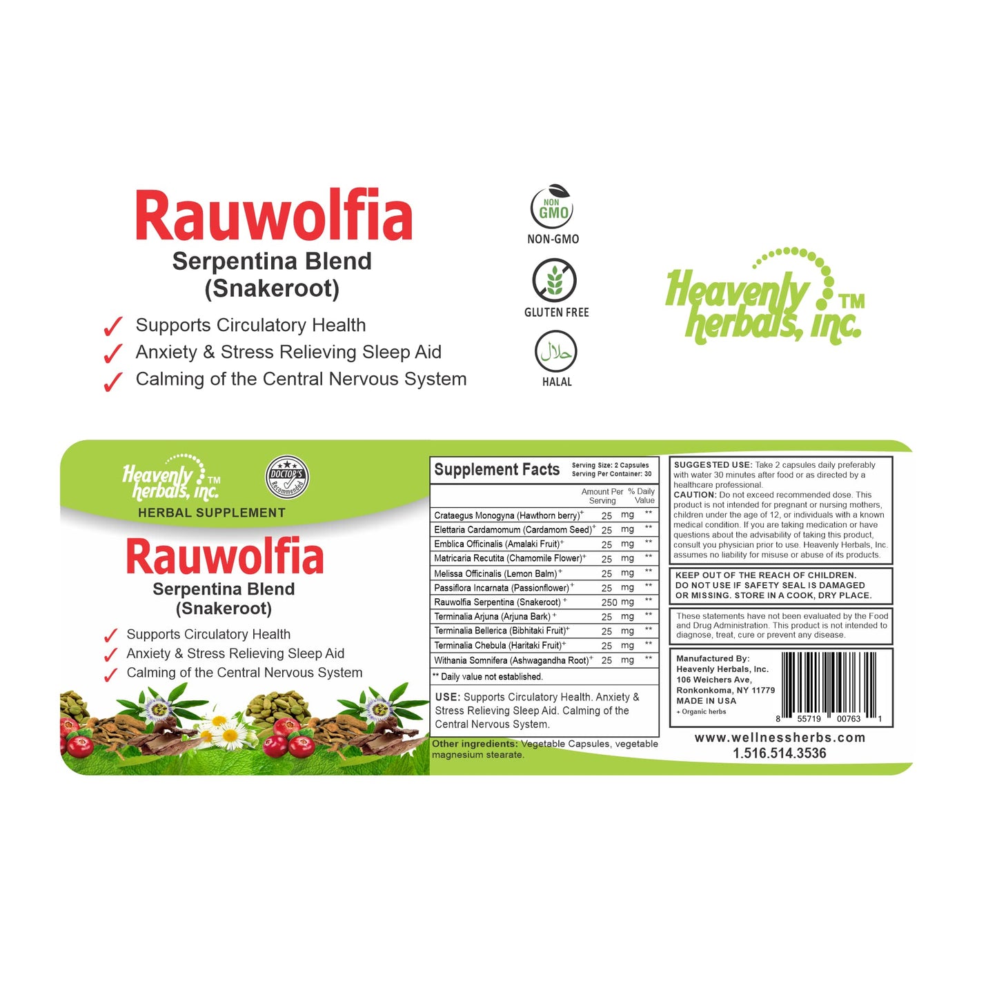 Heavenly Herbals, Inc. Rauwolfia Serpentina Blend (Snakeroot) Capsule, 60 Count