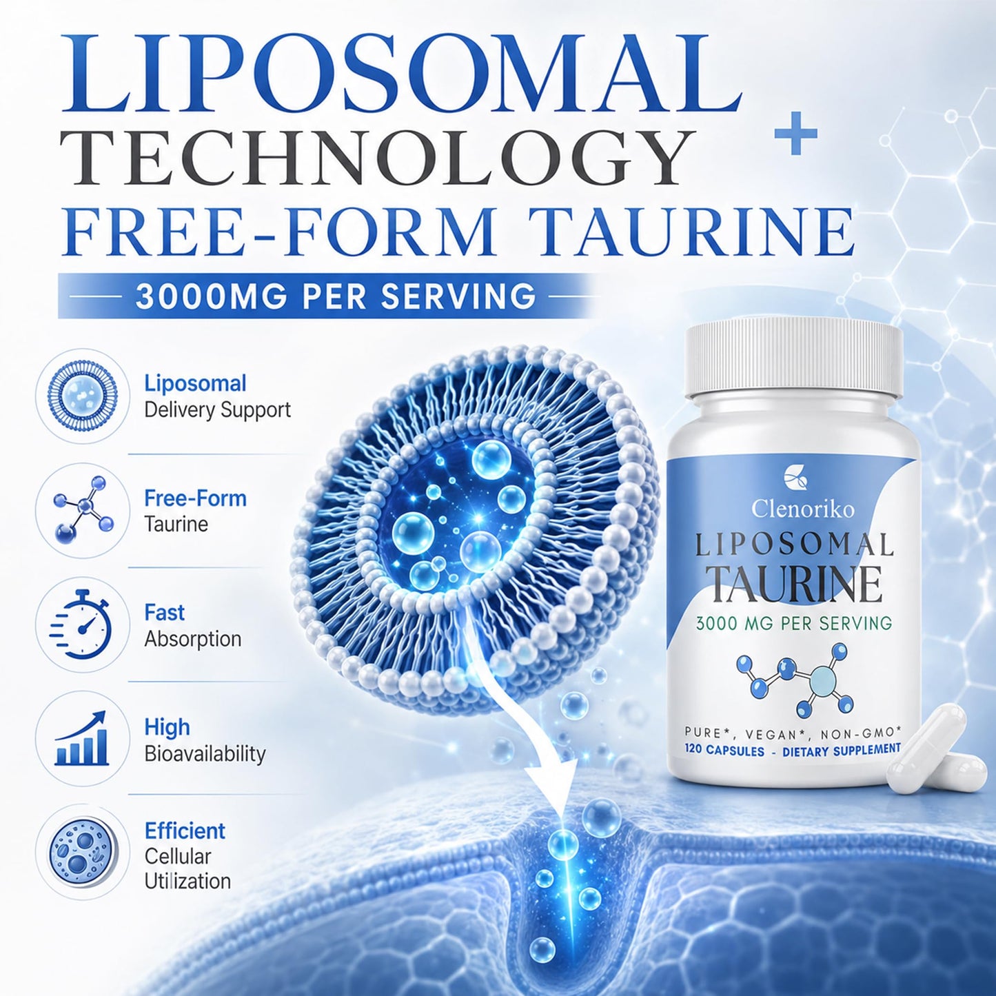 Clenoriko Liposomal Taurine Supplement 3000mg Capsule, 120 Count