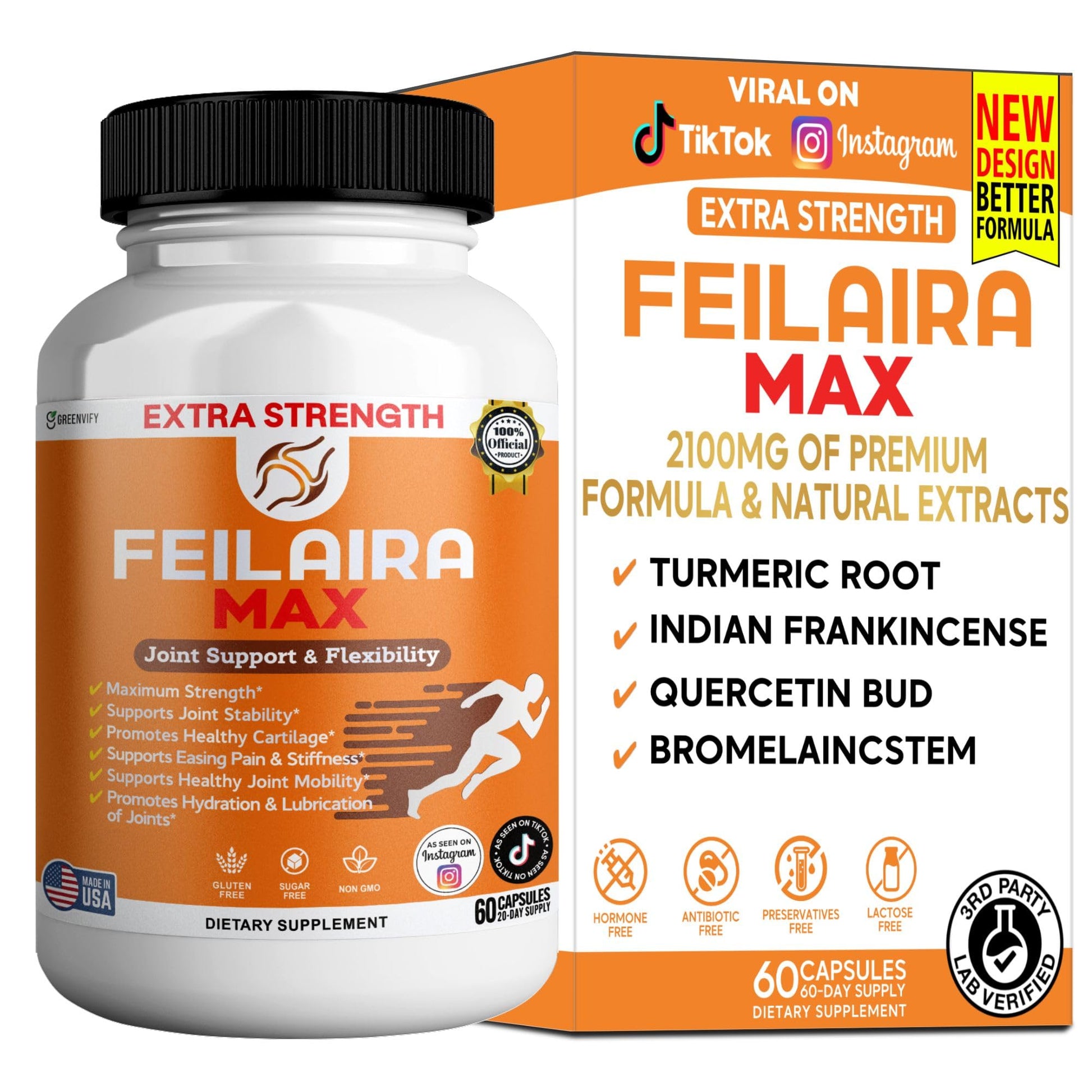 GREENVIFY Feilaira Max Extra Strength Joint Support Supplement, Glucosamine Complex for Mobility, 60 Capsules