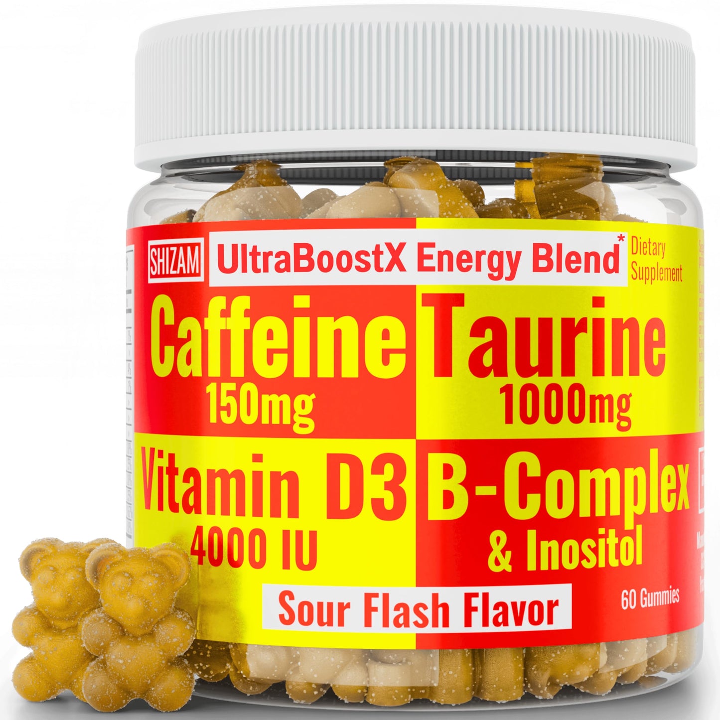 SHIZAM Taurine 1000mg Caffeine 150mg Energy Gummies, 60 Count