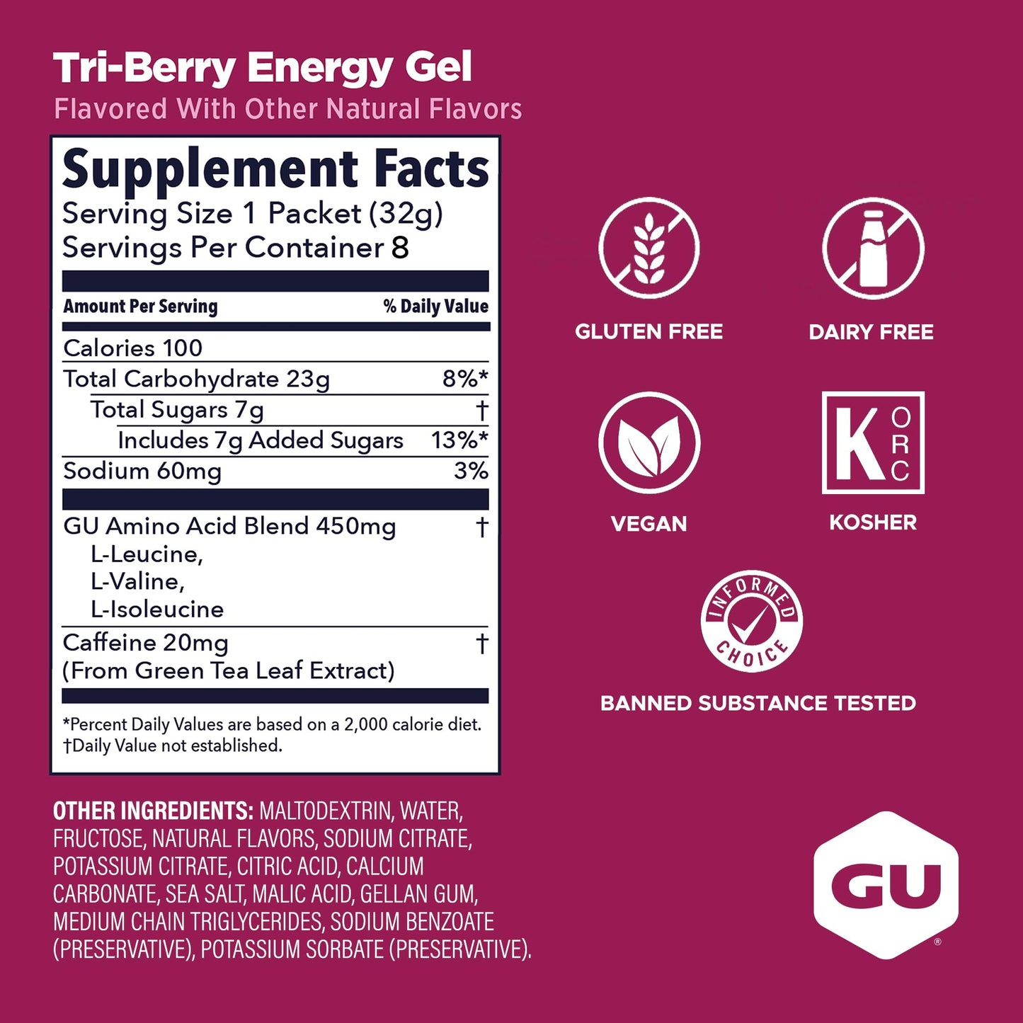 GU Energy Original Sports Nutrition Energy Gel, Vegan, Gluten-Free, Kosher, and Dairy-Free On-the-Go Energy for Any Workout, 8-Count, Tri-Berry