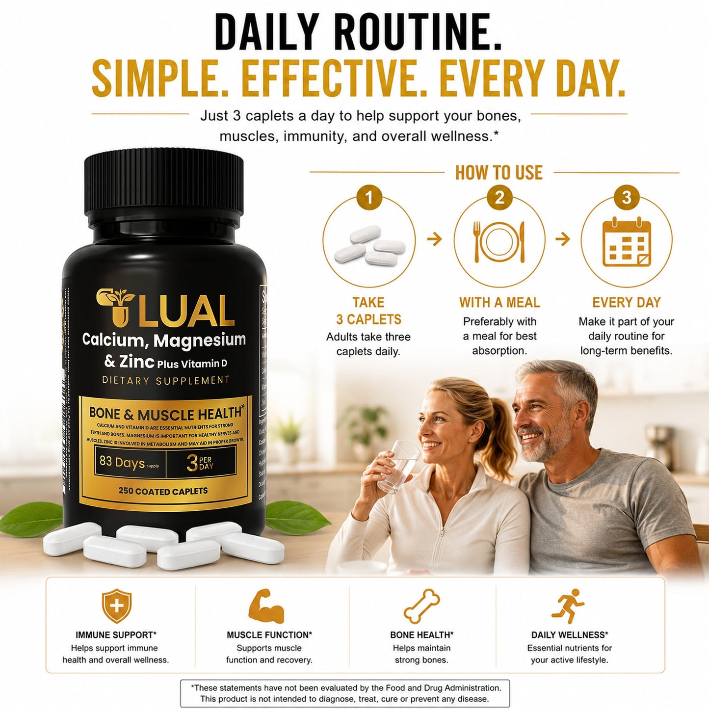 LUAL Calcium Magnesium Zinc with Vitamin D3 Caplets 250 Count
