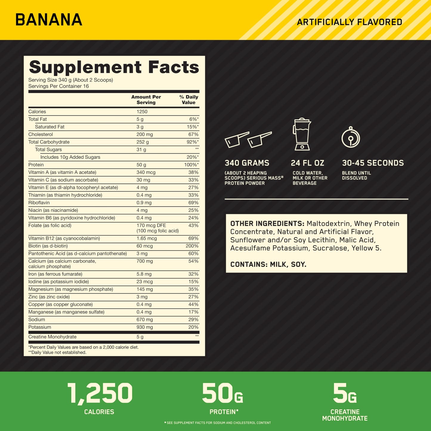 Optimum Nutrition Serious Mass Weight Gainer Protein Powder Banana, 6 Pound