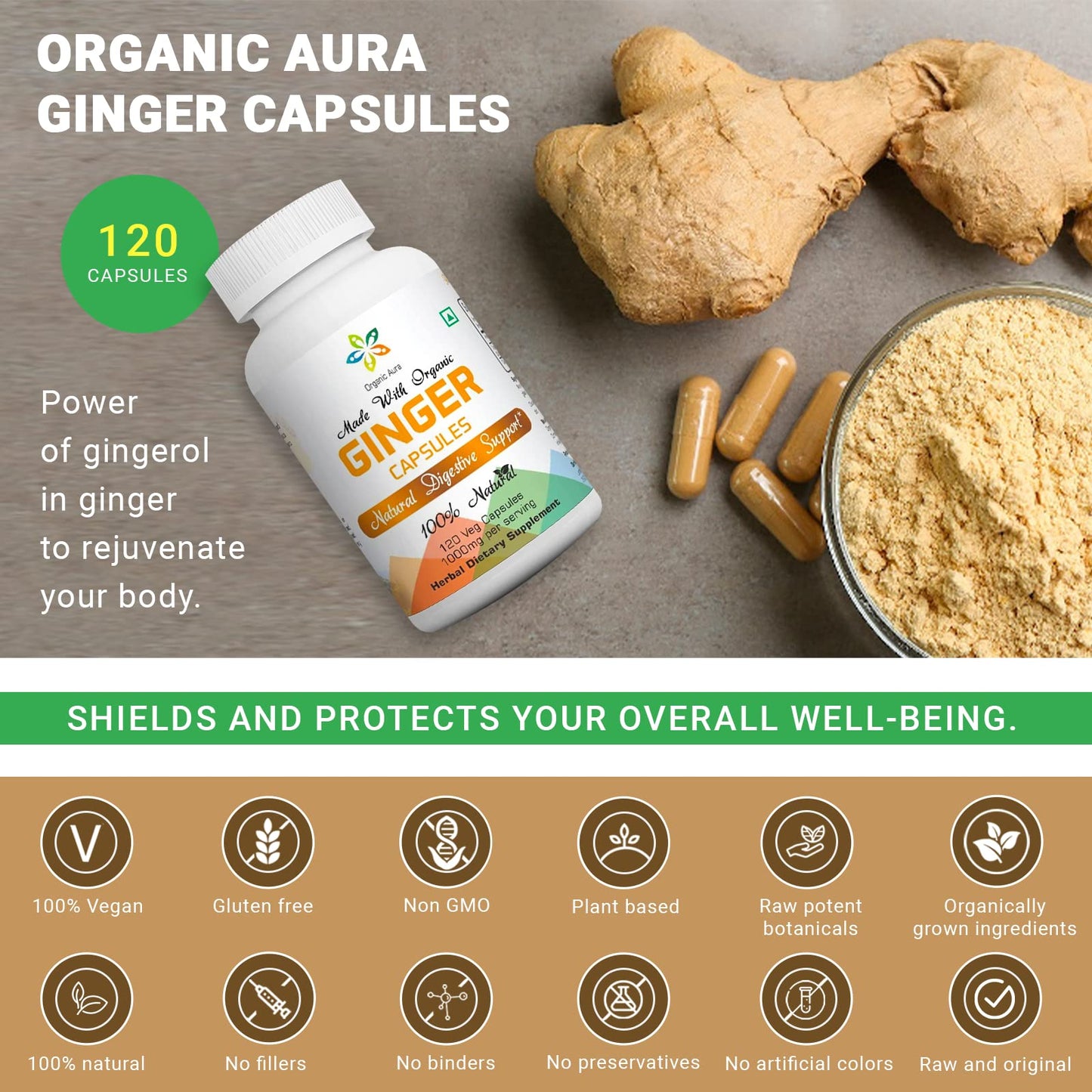 Organic Aura International Ginger Capsules 120 Veg Capsules