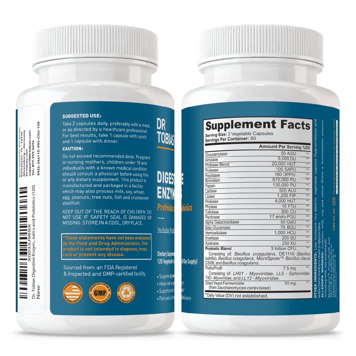 Dr. Tobias Digestive Enzymes with Probiotics, Prebiotics and Postbiotics Bromelain, Amylase, Lipase Capsules 120