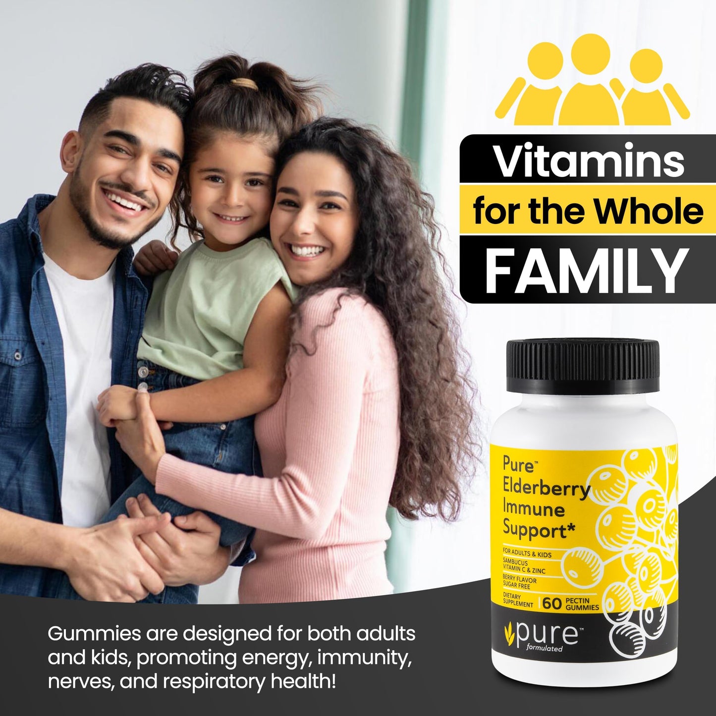 Pure Formulated Sambucus Elderberry Gummies with Vitamin C & Zinc Sugar-Free Immune Gummies for Adults & Kids Organic Elderberry Gummies 60 Count