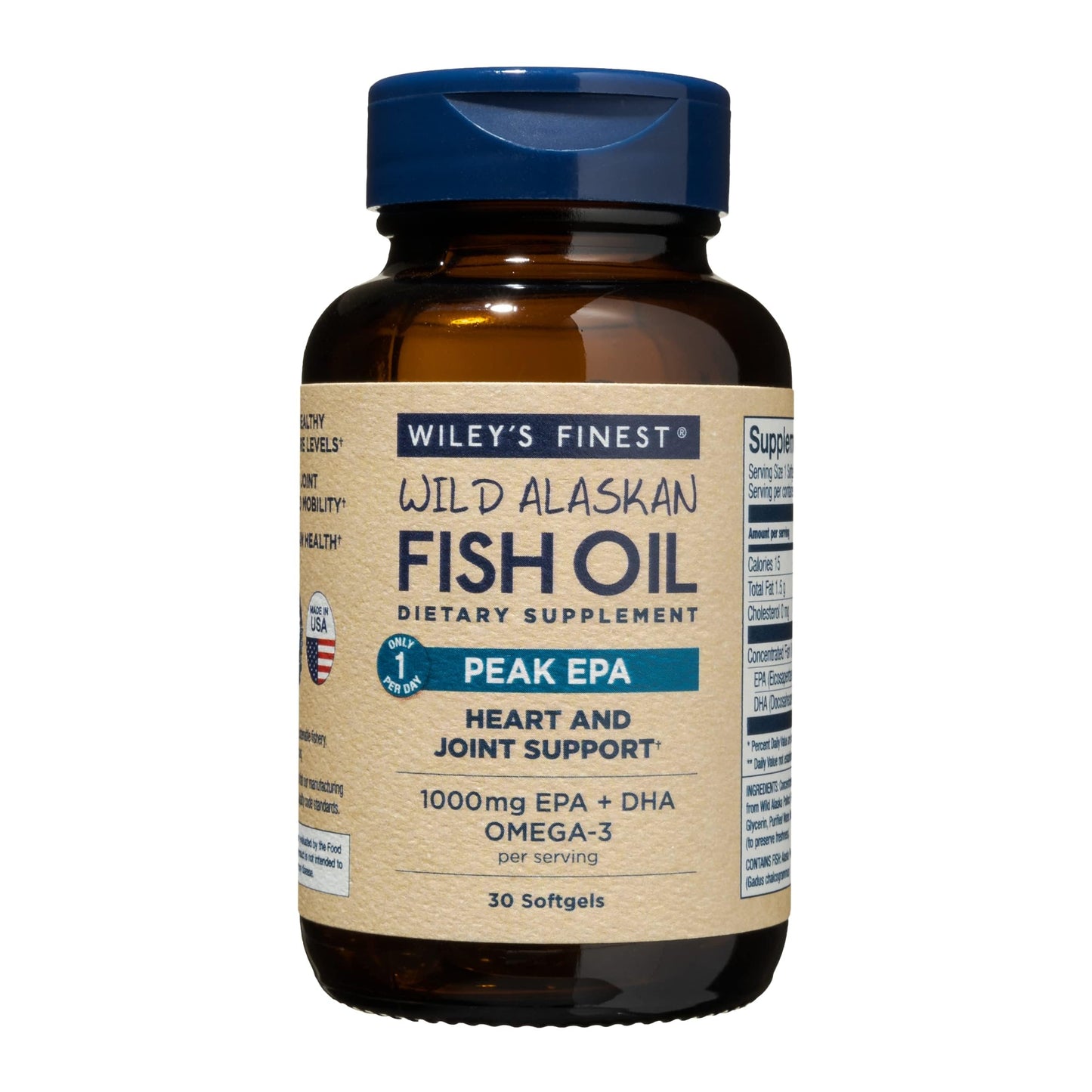 Wiley's Finest Wild Alaskan Fish Oil Peak EPA - Triple Strength Peak EPA & DHA Supplement - 1000mg Fish Oil - Omega-3s for Joint Health Support 30 Softgels