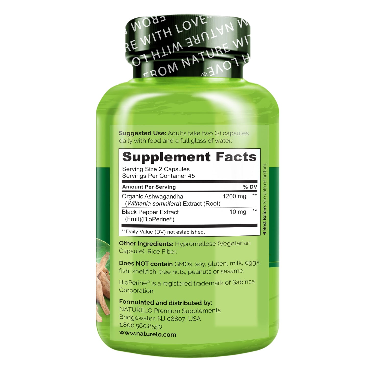 NATURELO Ashwagandha Organic Root Powder 90 Capsules