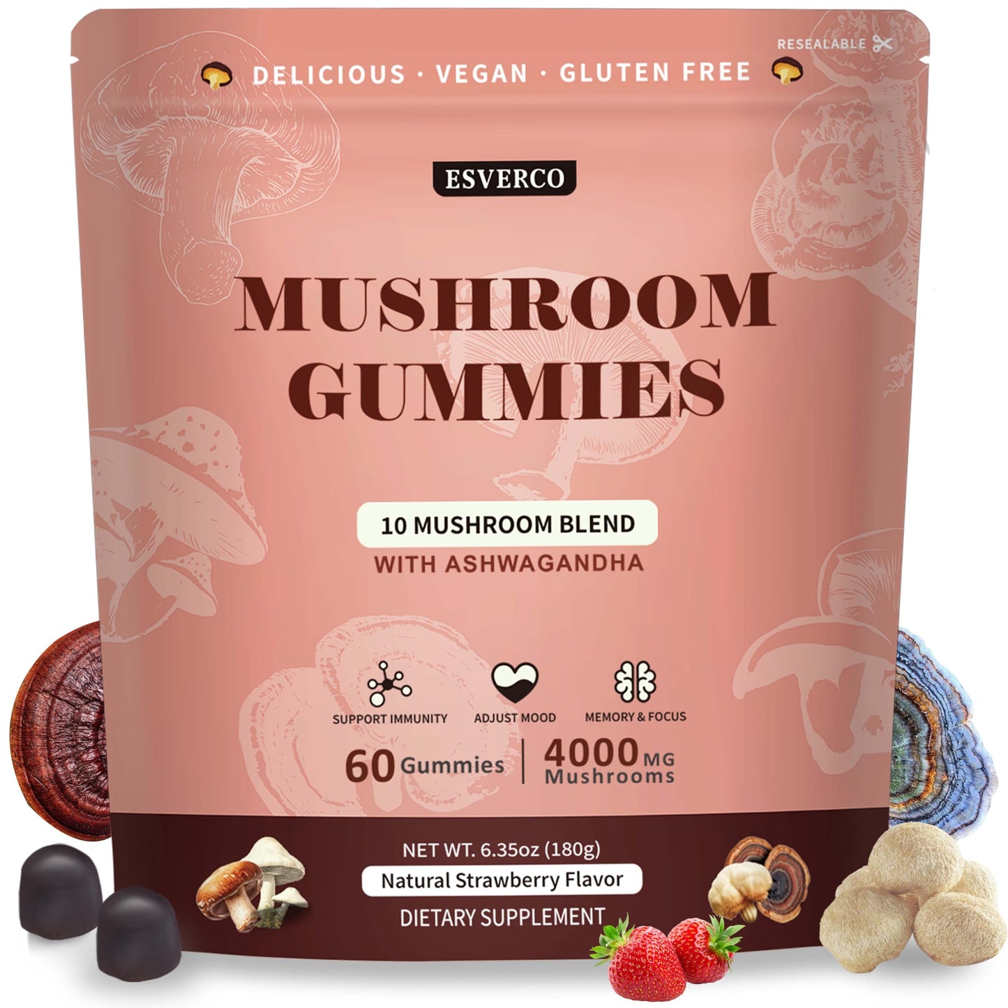 esverco Mushroom Gummies 4000mg Mushroom Extract, Cognitive Support, 120 Count