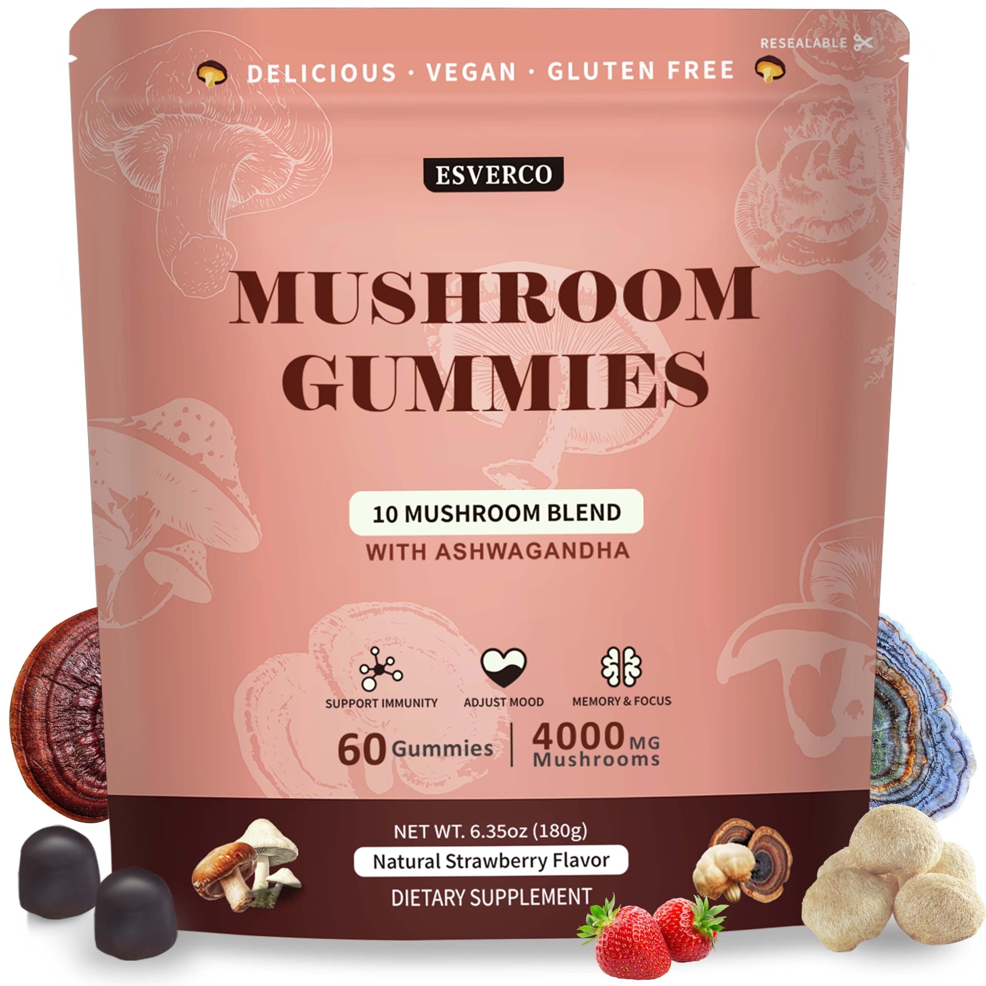 Esverco Mushroom Gummies 4000mg Mushroom Extract Cognitive Support, 60 Count