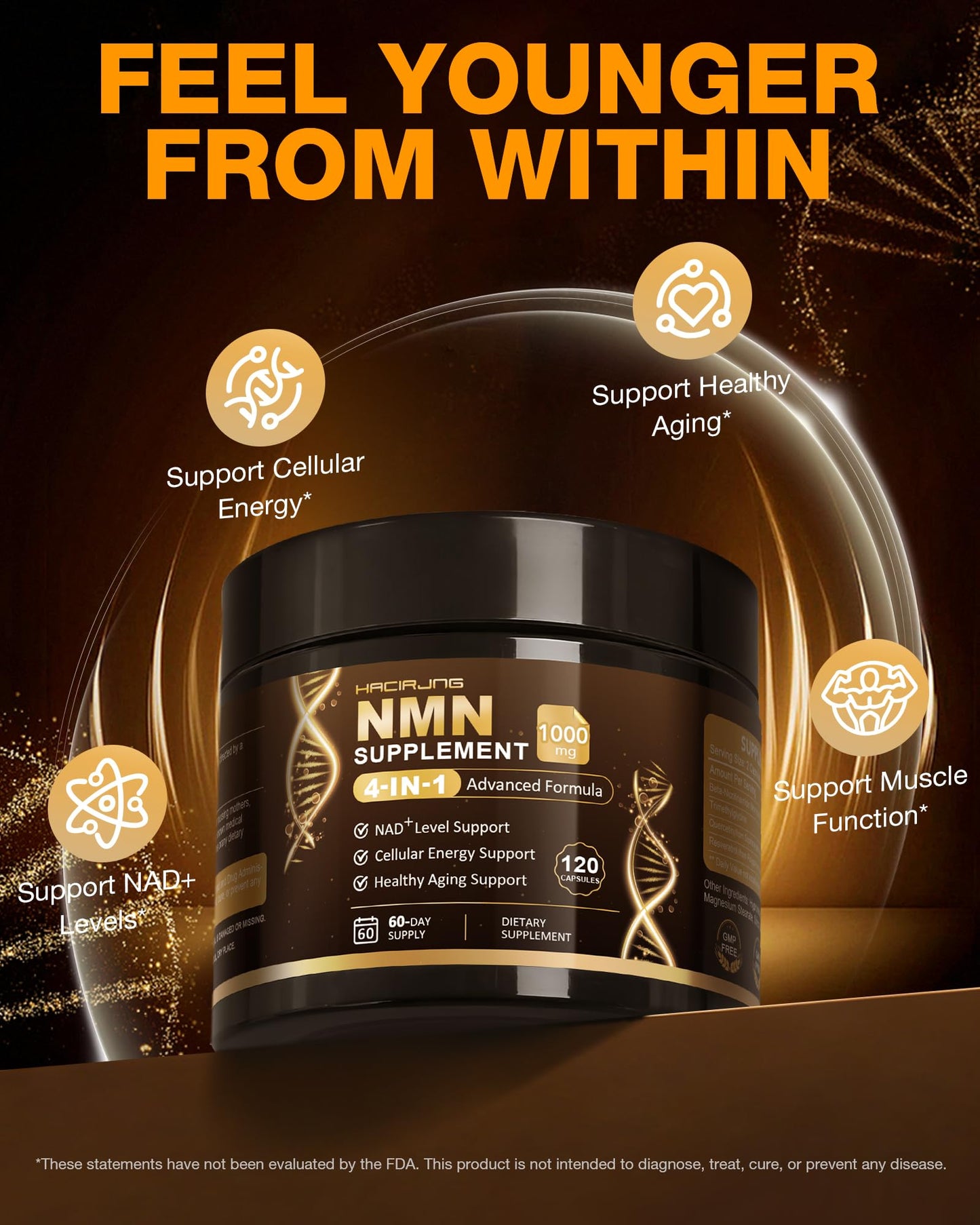 HACIRJNG 3-in-1 NMN Supplement with Resveratrol, TMG & Quercetin, Liposomal NMN 1000mg, Supports Cellular Energy & NAD+ Level, 120 Capsules