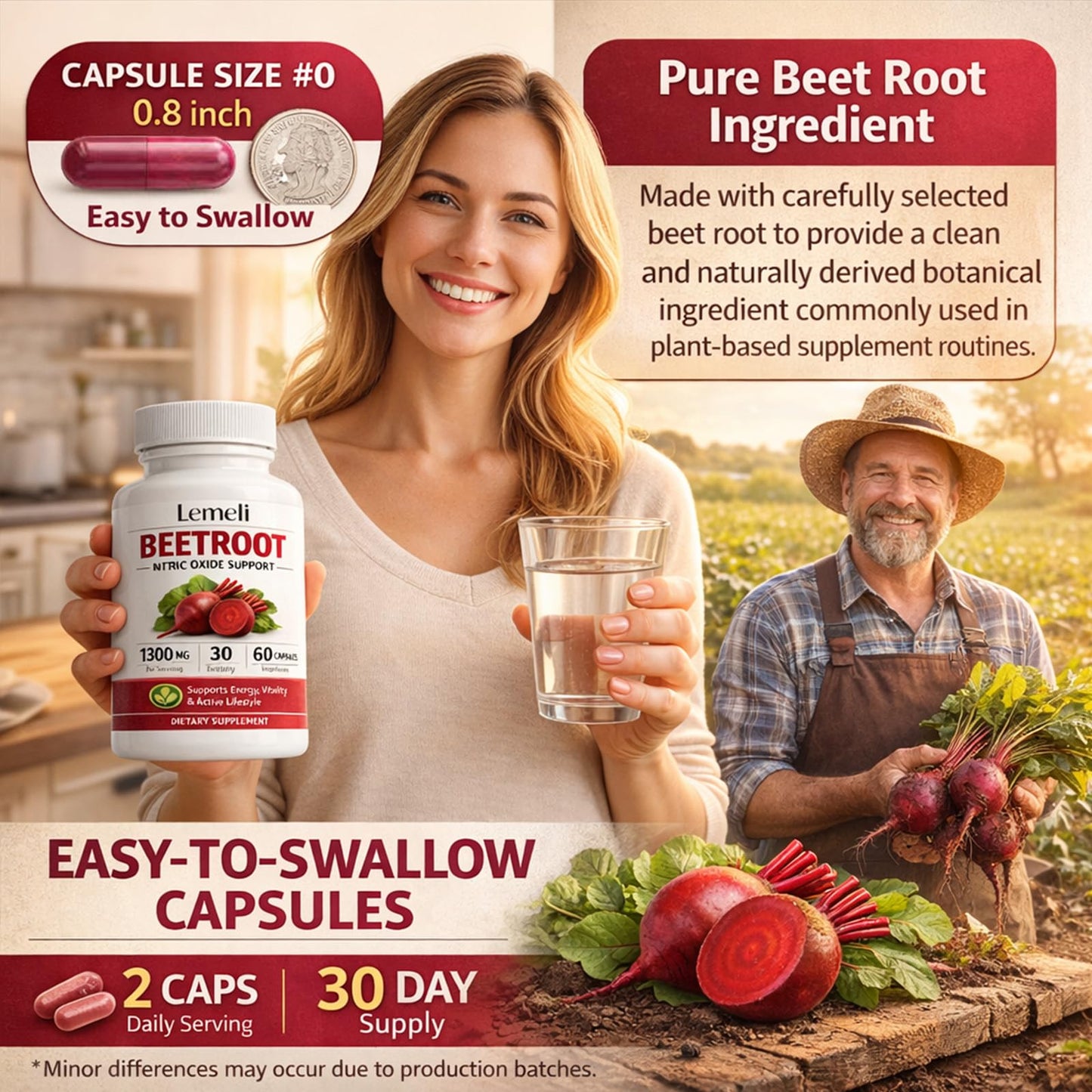 Lemeli Beetroot Capsules 1300mg Per Serving, Plant-Based Beet Root Extract Supplement, Antioxidant-Rich Superfood Formula, Daily Energy & Active Lifestyle Support, 60 Capsules