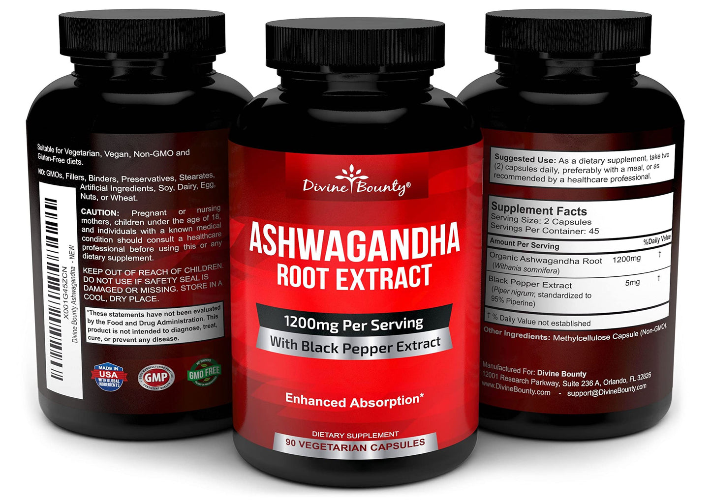 Divine Bounty Ashwagandha Capsules, 1200mg & Black Pepper Extract, 90 Count