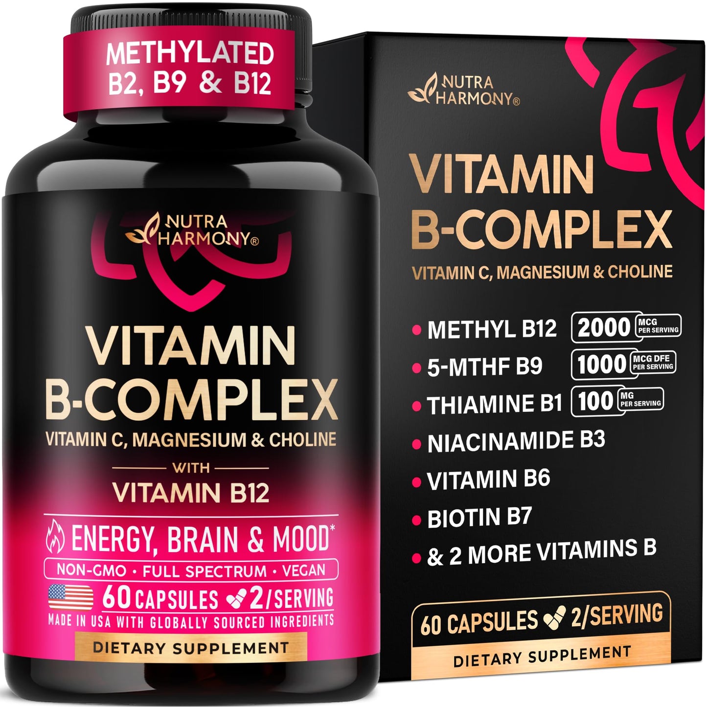 NUTRAHARMONY Vitamin B Complex for Men & Women - Made in USA - 11-in-1 B-Complex: B1, B2, B3, B5, B6, B7, B8, B9, B12 with Vitamin C, Choline, Inositol - Energy, Brain & Heart Support Supplement, 60 Capsules