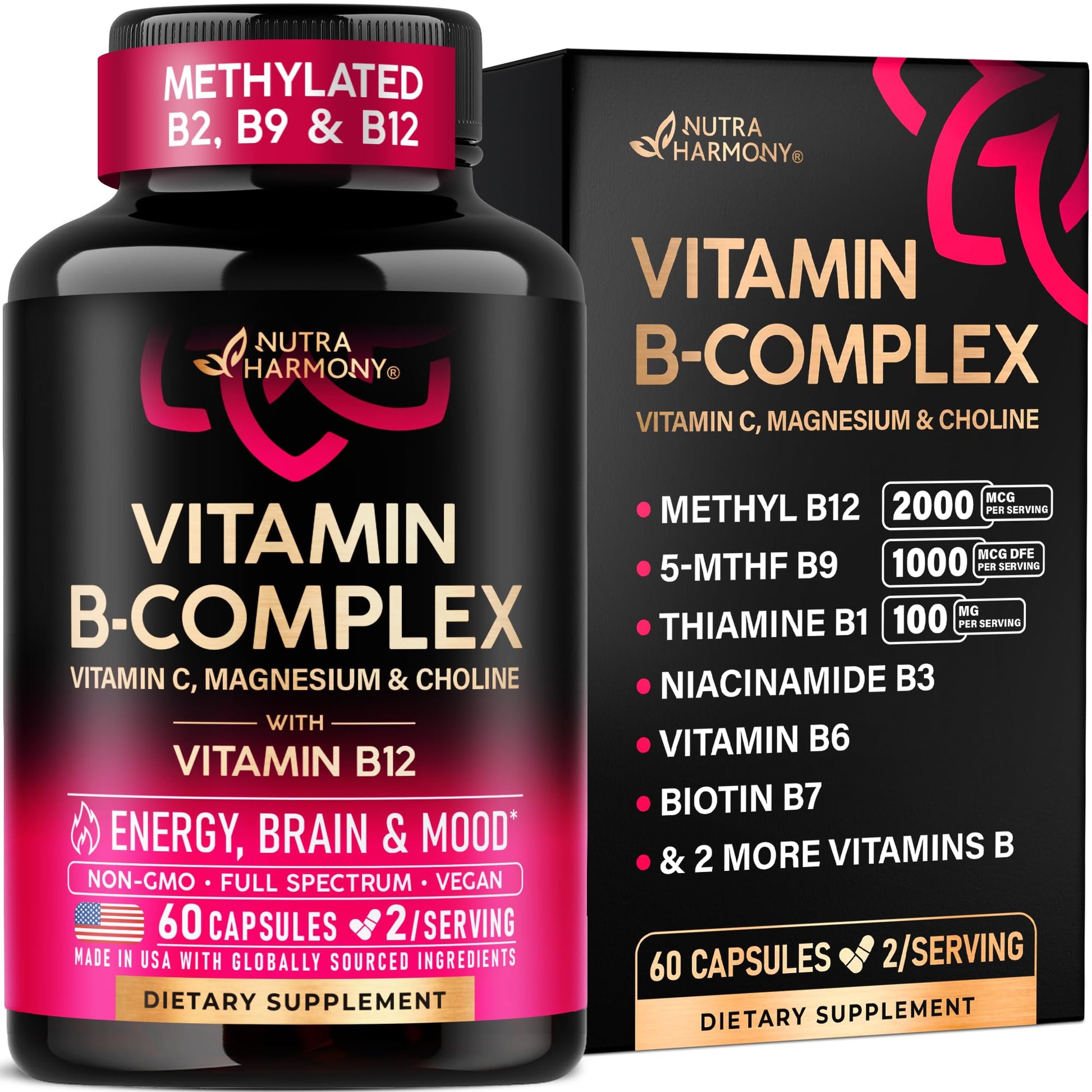 NUTRAHARMONY Vitamin B Complex for Men & Women - Made in USA - 11-in-1 B-Complex: B1, B2, B3, B5, B6, B7, B8, B9, B12 with Vitamin C, Choline, Inositol - Energy, Brain & Heart Support Supplement, 60 Capsules